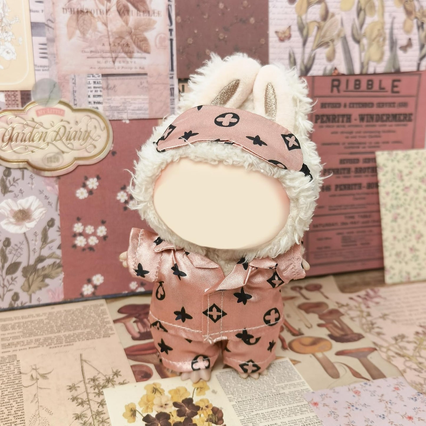 LABUBU Doll Clothes 3PCS Set, 17cm Cozy Night Pajamas, Stylish Designer Outfit & Accessories, No Doll Included (Rosy Sleepwear)