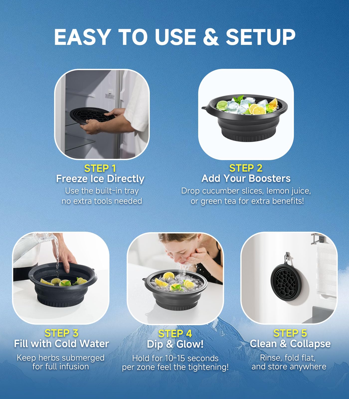 Collapsible Silicone Face Ice Bowl with Built-In Tray – Cold Plunge Therapy for Skin Tightening, Acne Relief & Home Spa (Black)