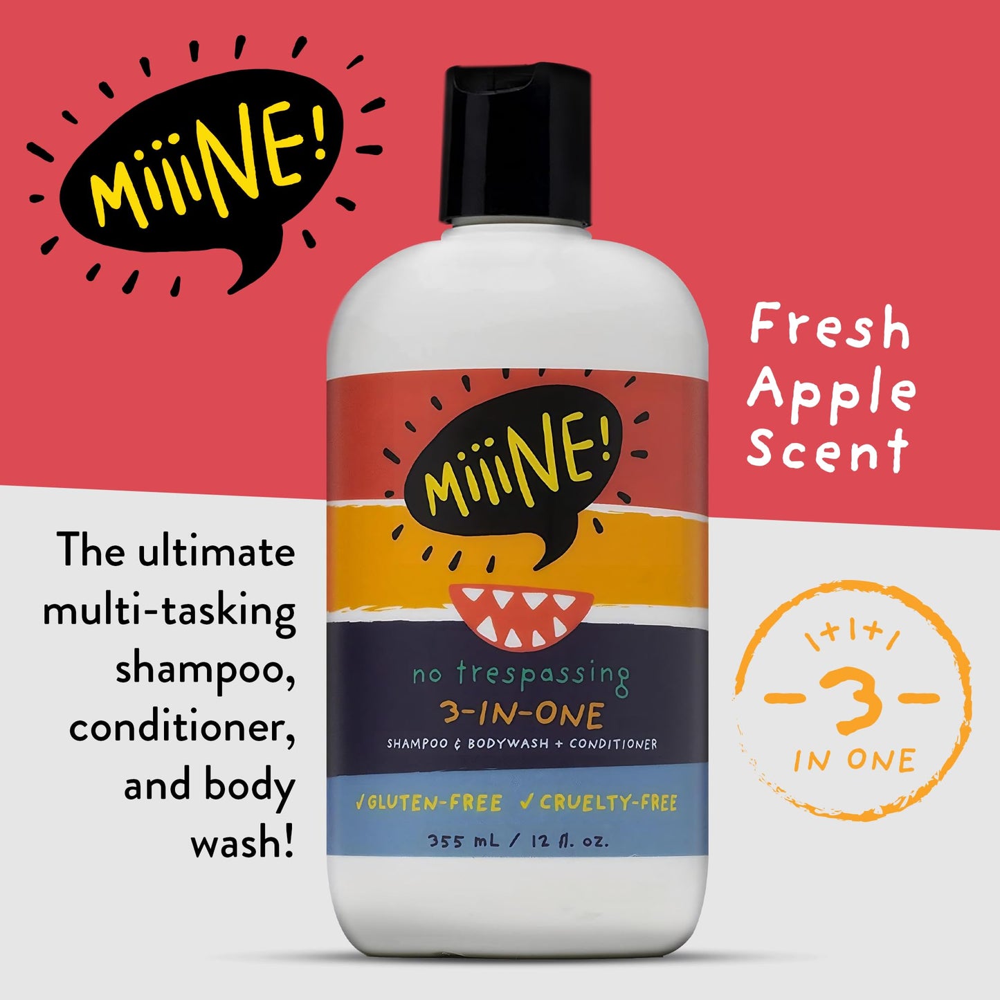 MiiiNE! 12oz Kids Shampoo and Conditioner 3 In 1 Apple Scented Body Wash with Gentle Formula - Gluten Free Made Cruelty Free in USA By Stylists
