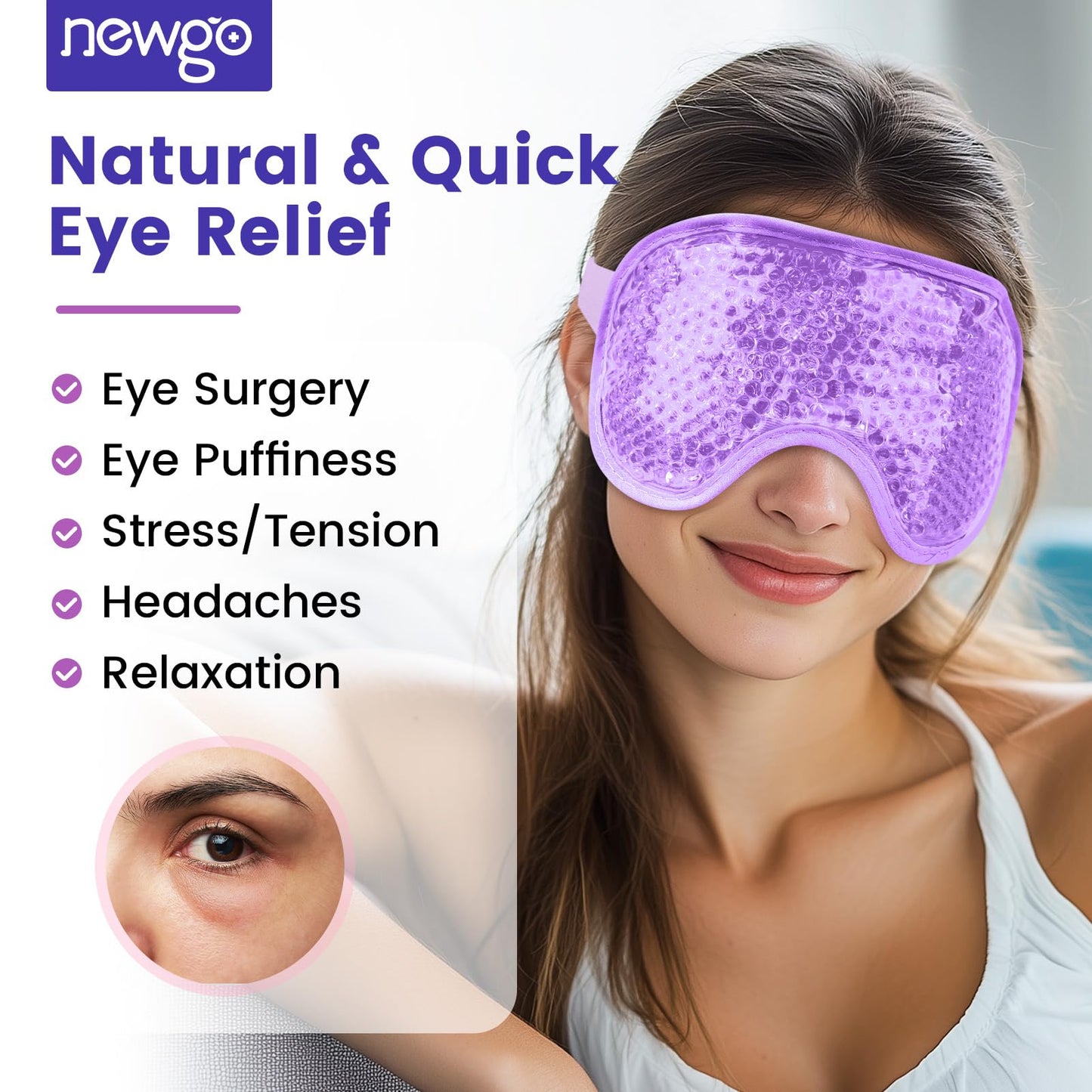 NEWGO Cooling Gel Eye Mask - Reusable Cold Pack for Puffy Eyes, Dark Circles, Migraine, Stress Relief - Purple With Soft Plush Backing
