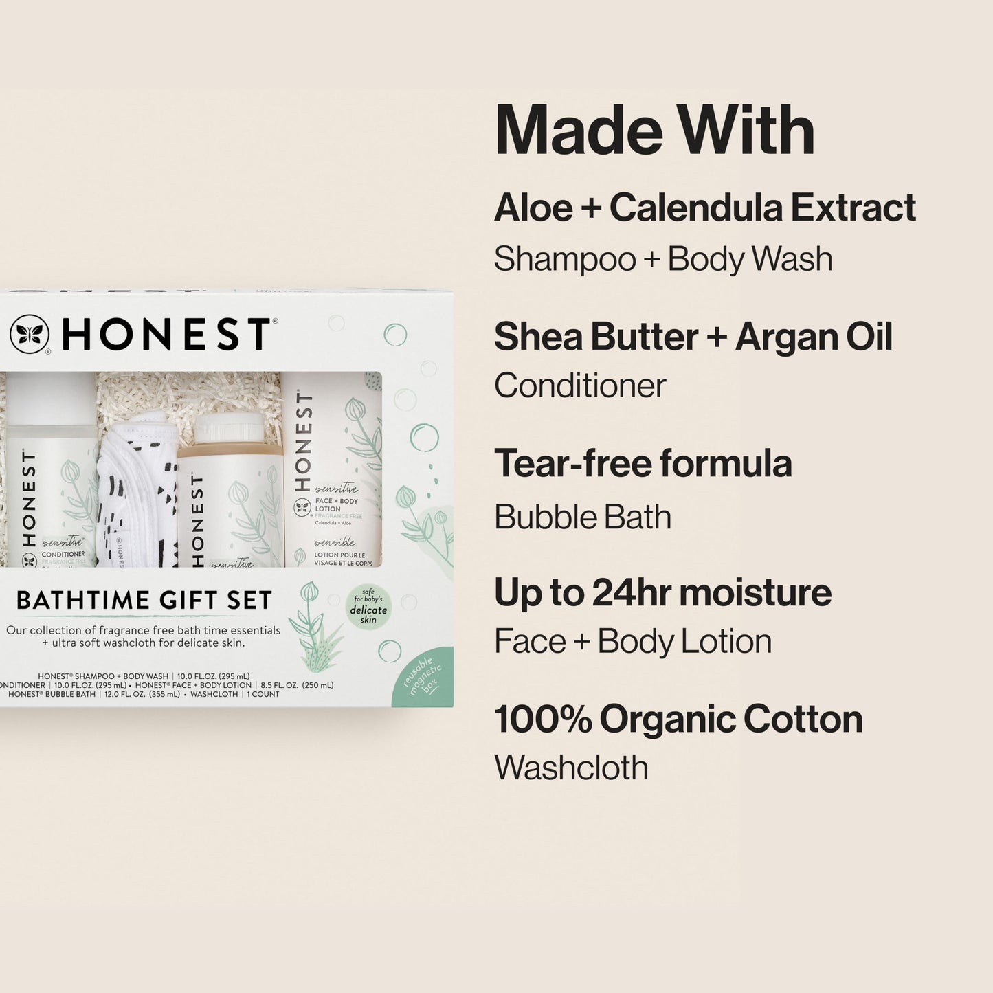The Honest Company Fragrance-Free Bathtime Gift Set – Hypoallergenic Shampoo, Body Wash, Lotion, Bubble Bath & Conditioner for Sensitive Skin