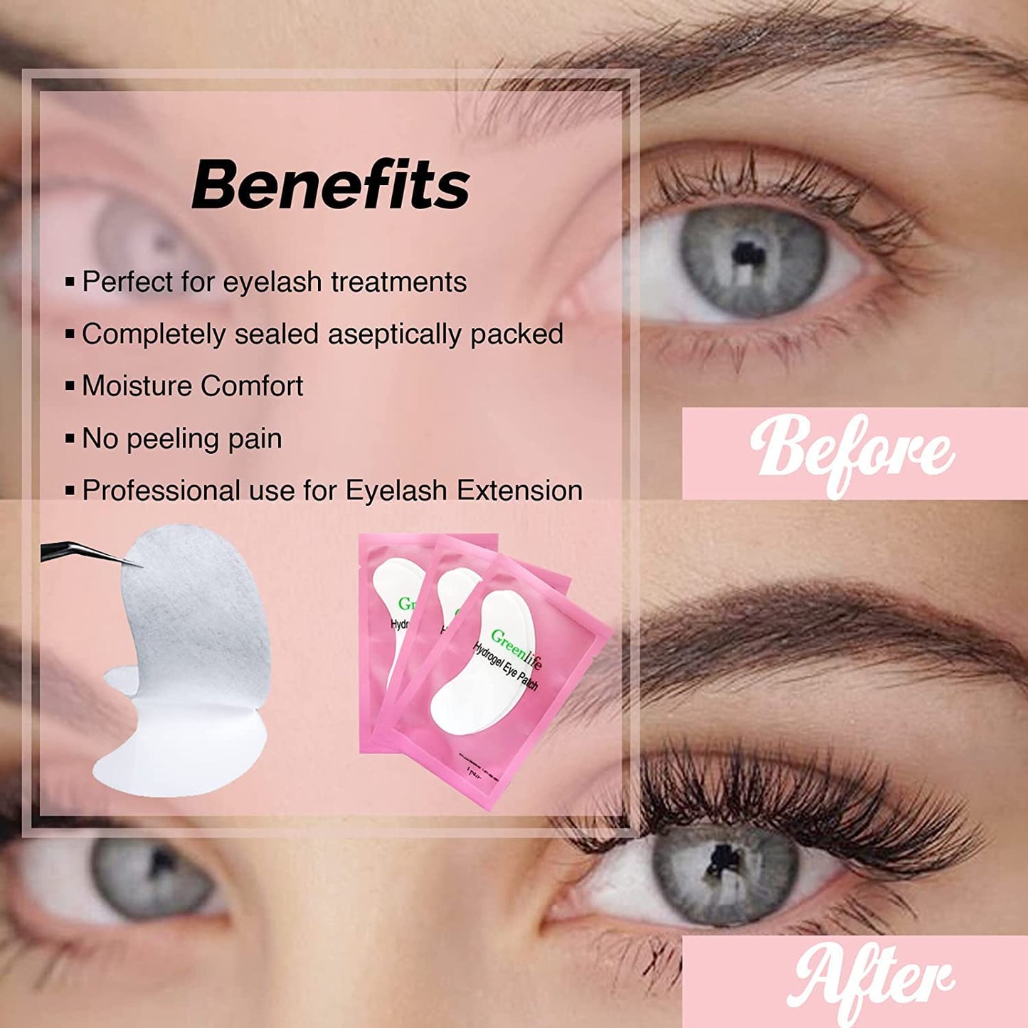 GreenLife 200 Pairs Natural Eyelash Extension Under Eye Gel Pads – Collagen & Aloe Vera Hydrogel Patches, Lash Extension Supplies