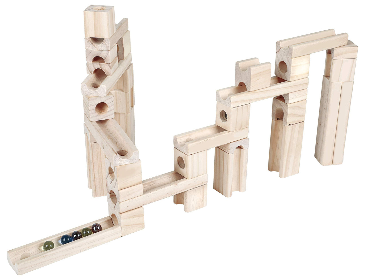 Wooden Marble Run STEM Toy for Kids 4-8 – 60+ Expandable Building Blocks with Glass Marbles & Guide – Safe Birchwood Construction, ASTM Certified