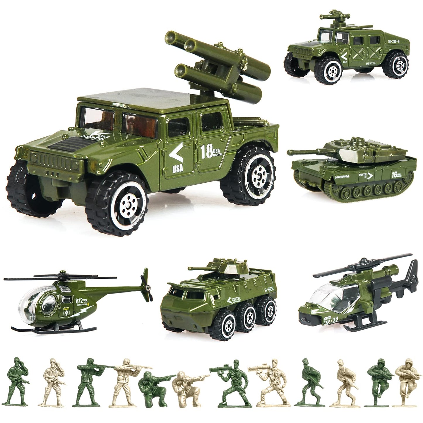 18-Piece Military Toy Set for Kids – 6 Die-Cast Vehicles & 12 Soldier Figures, Includes Tanks, Helicopters & Army Play Vehicles