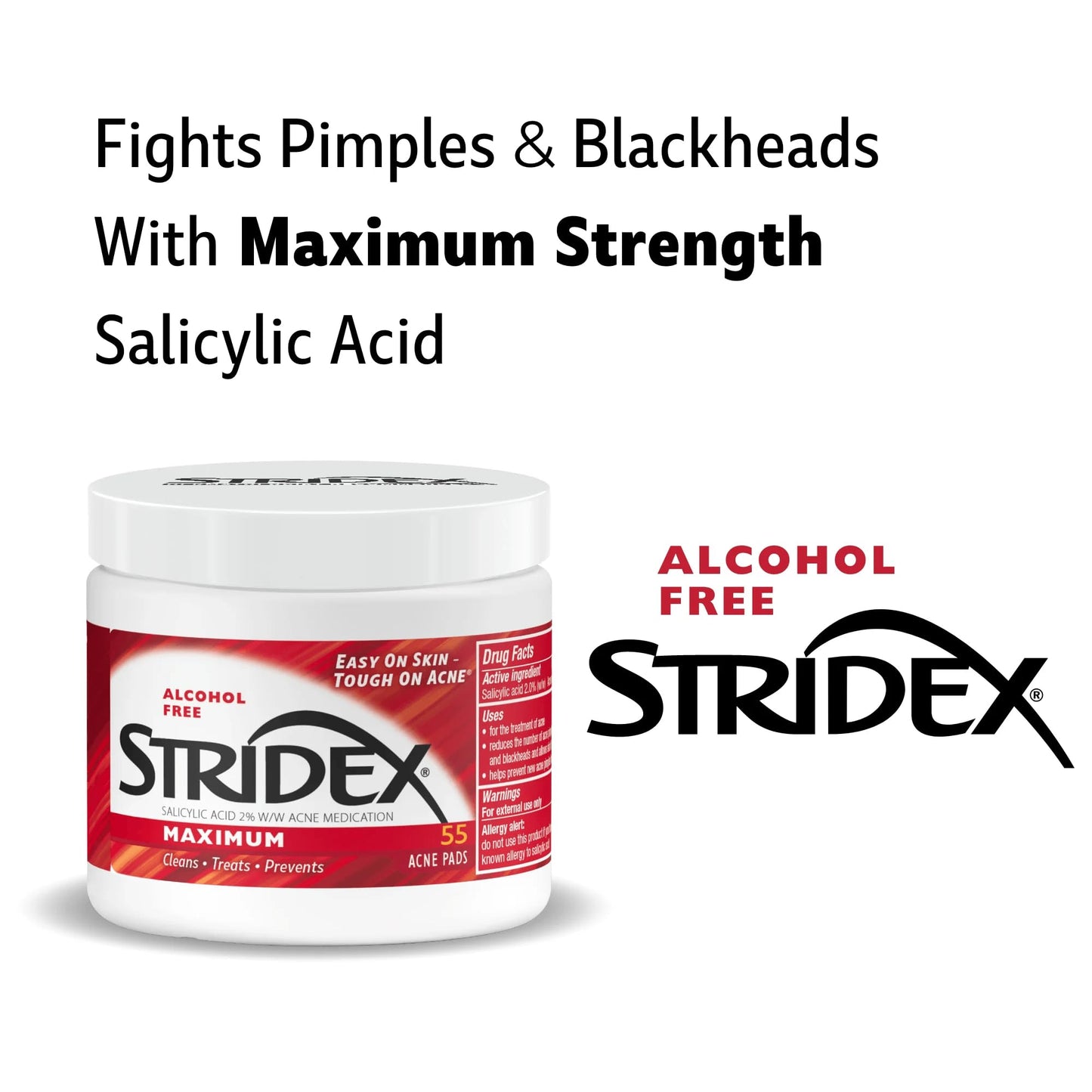 Stridex Medicated Acne Pads, Maximum, 55 Count – Facial Cleansing Wipes, Alcohol Free, Acne Treatment for Face, For Moderate Acne, Smooth Application