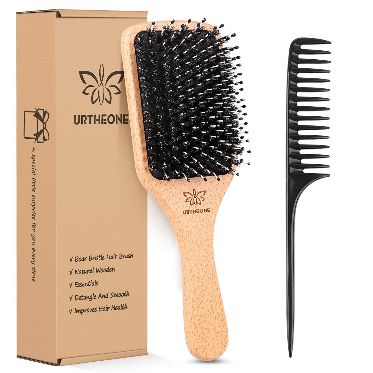 Boar Bristle Hair Brush for All Hair Types – Paddle Brush for Thick, Curly, Thin, Long, or Short Hair – Adds Shine & Smoothness – For Men, Women & Kids
