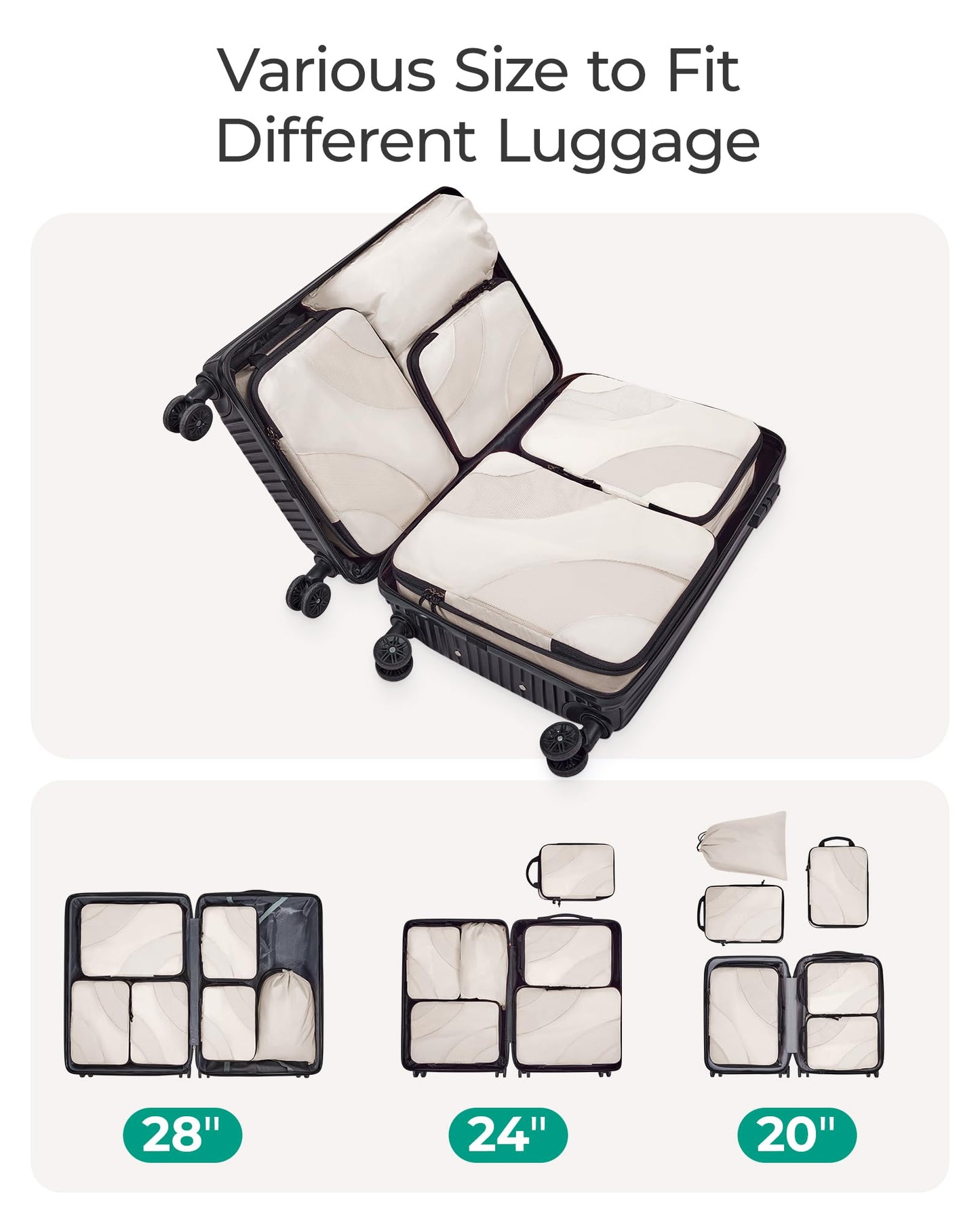 BAGSMART Compression Packing Cubes 6 Set – Lightweight Travel Suitcase Organizers Bag Set for Luggage, White Opal