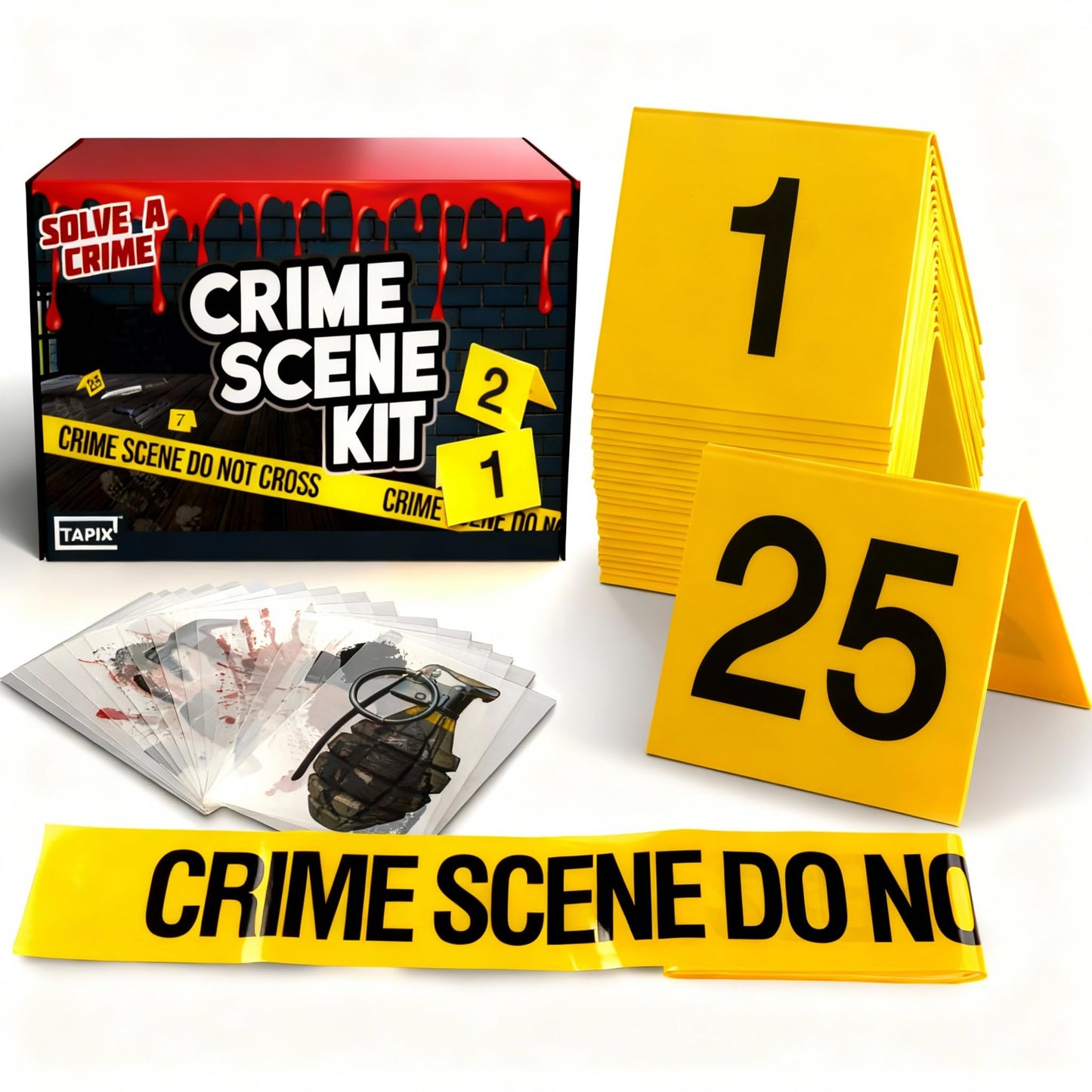 Halloween Crime Scene Decorations Kit - Mystery Dinner Party Supplies with Crime Scene Tape, 25 Evidence Markers & 25 Crime Object Cards