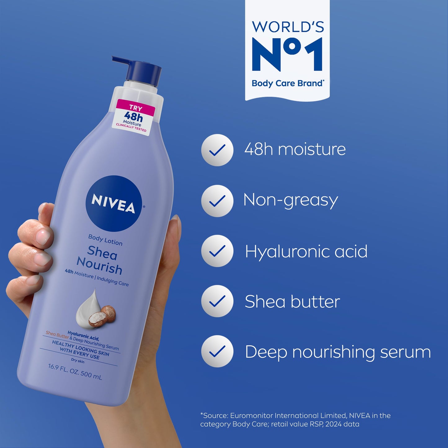 NIVEA Shea Nourish Body Lotion – 48-Hour Moisturizer for Dry Skin with Hyaluronic Acid, Shea Butter & Nourishing Serum, 16.9 fl oz Pump