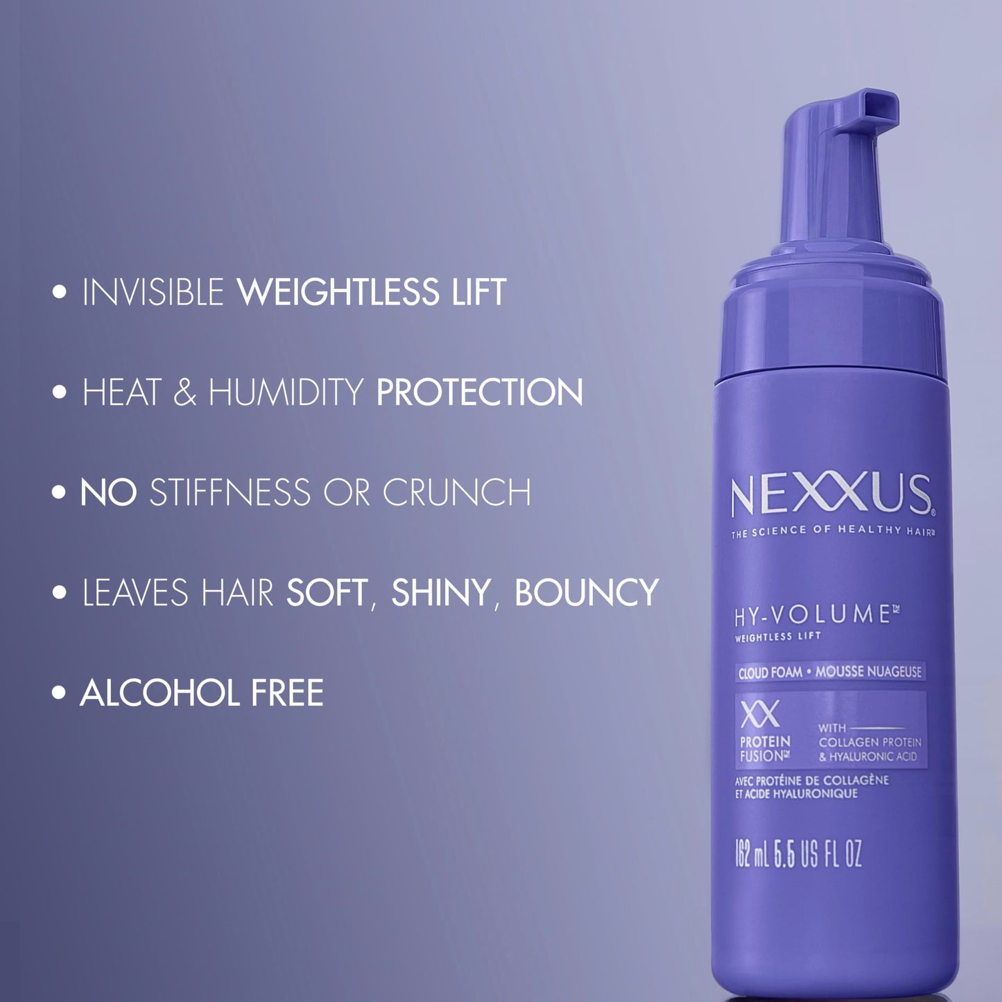 Nexxus Hy-Volume Weightless Lift Cloud Foam Treatment for Flat & Limp Hair, 48 Hours Volume, ProteinFusion with Collagen & Hyaluronic Acid, 5.5 fl oz