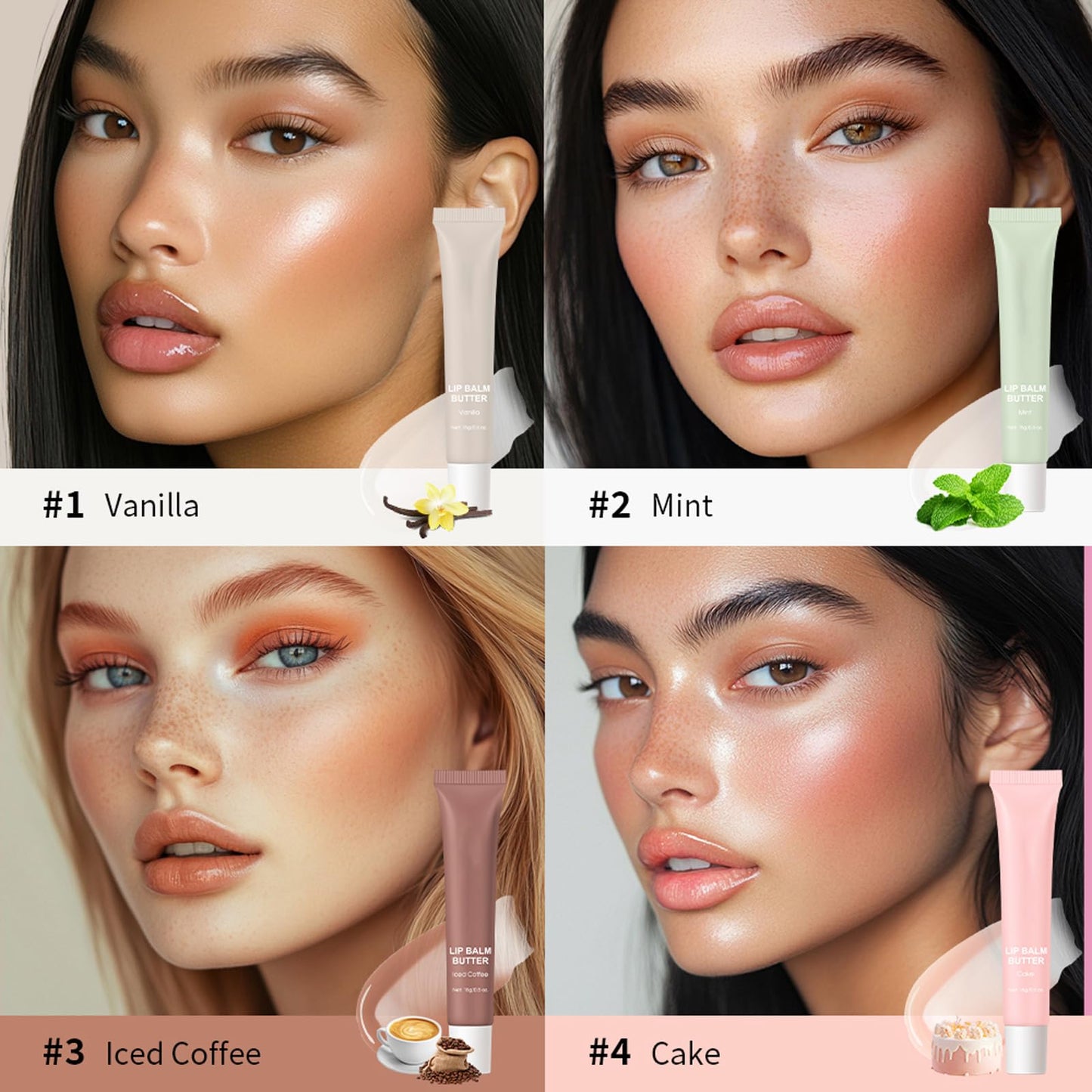 HJXUQIME 4 PCS Lip Glossy Butter Balm Set, Shine & Hydration - Sheer-Tinted-Long-lasting Non-Sticky Lip Balm,Soften Dry Lips and Lip Care