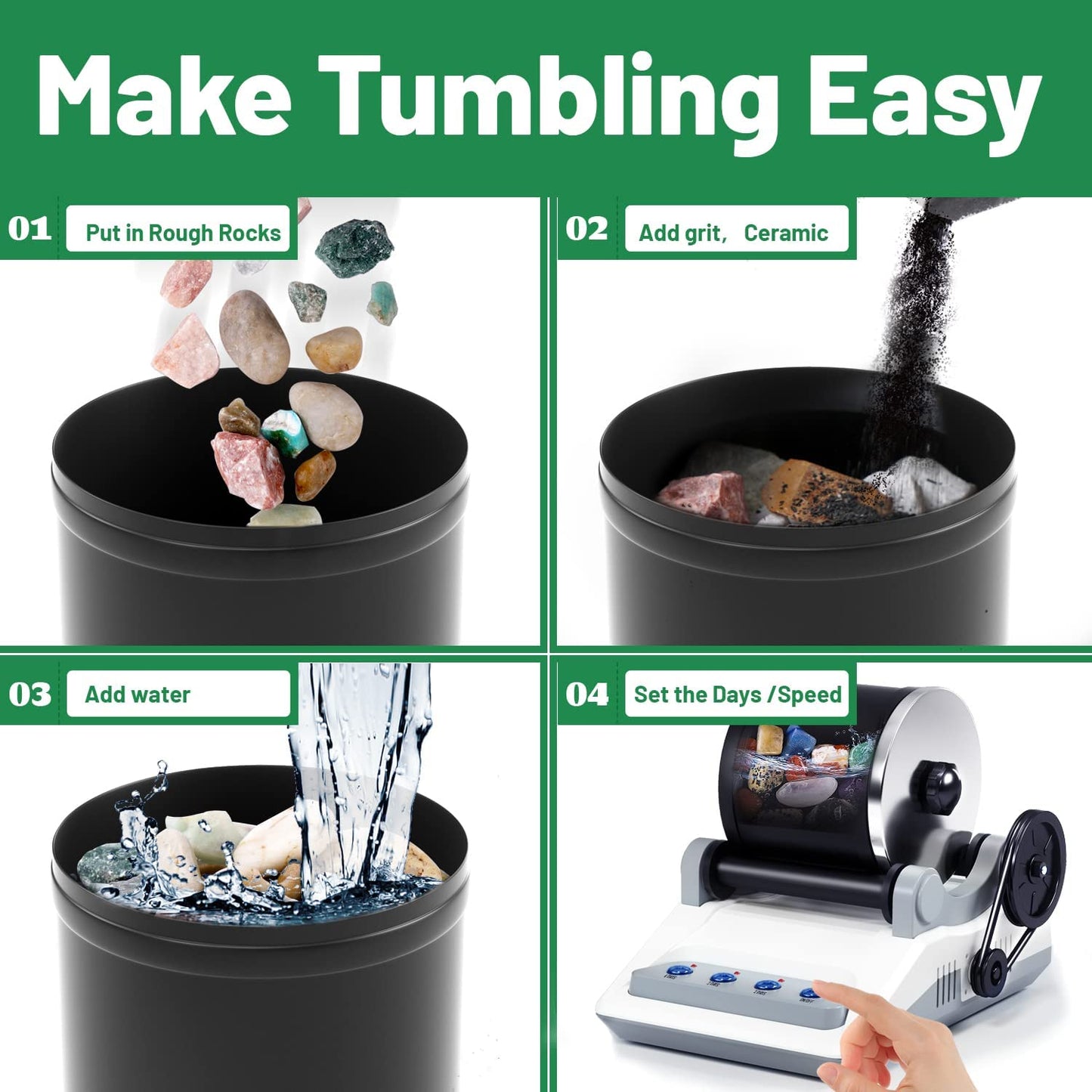 Zcvtbye Rock Tumbler Kit,Rock Polisher for Kids & Adults,Includes 2 Belts,Bag of Rough Stones,4 Coarse Grinding,Finely Ground,Polishing Grits