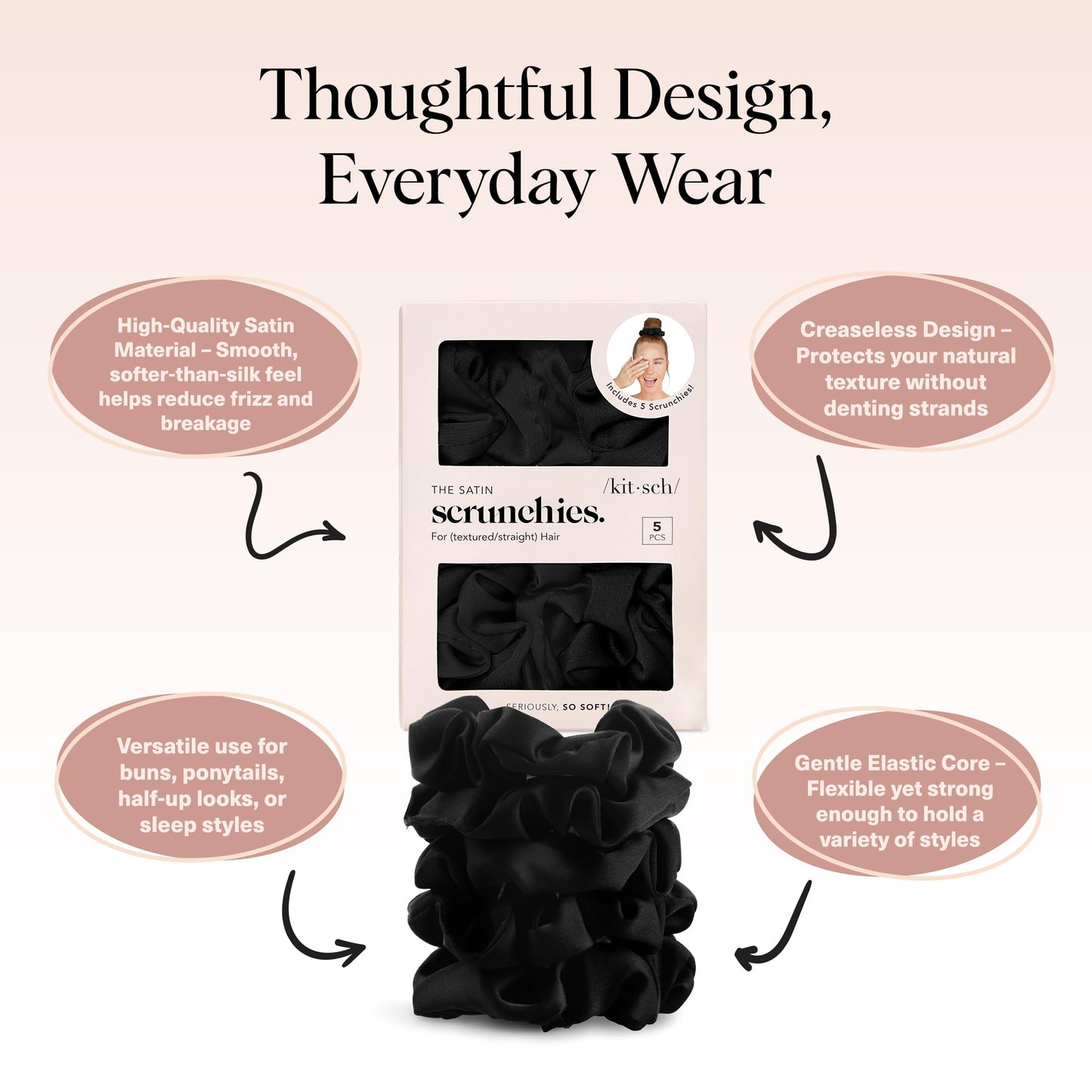 Kitsch Satin Scrunchies for Women – 5 Pcs Black No-Crease Hair Ties – Soft, Frizz-Free, Gentle & Stylish Hair Accessories – Perfect Gift for Girls