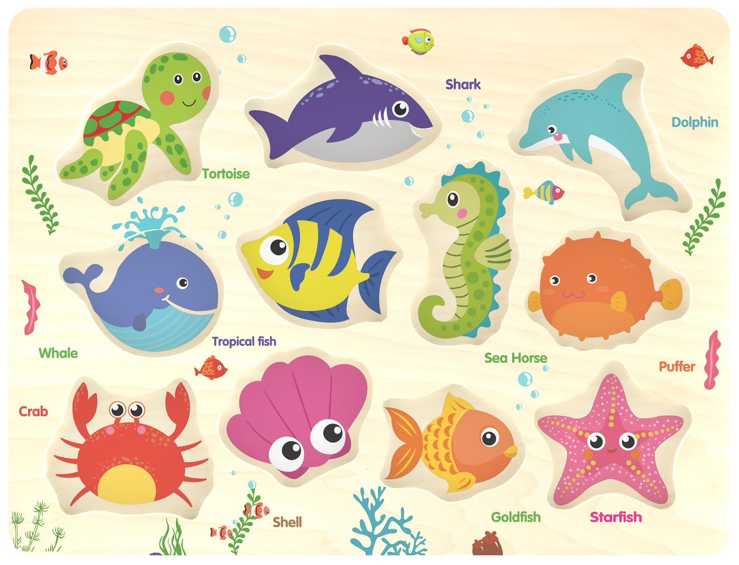 Wooden Peg Puzzle – Sea Creature Chunky Baby Puzzle with 11 Colorful Pieces, Shape & Animal Knob Board for Educational Toddlers 18+ Months