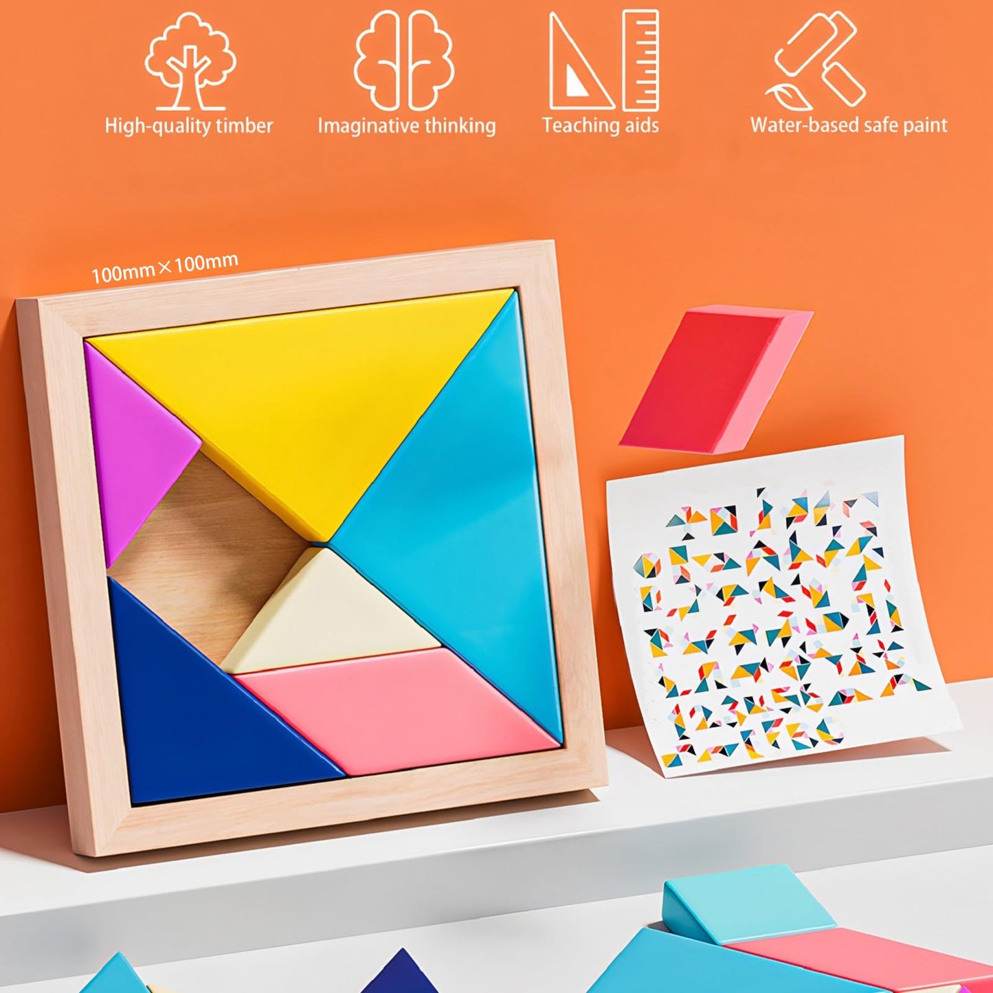 4 Pack Wooden Puzzle Set – Tangram, Hexagon, Russian Blocks & Tic Tac Toe, Brain Teaser Logic Games, Montessori STEM Toys for Kids & Adults