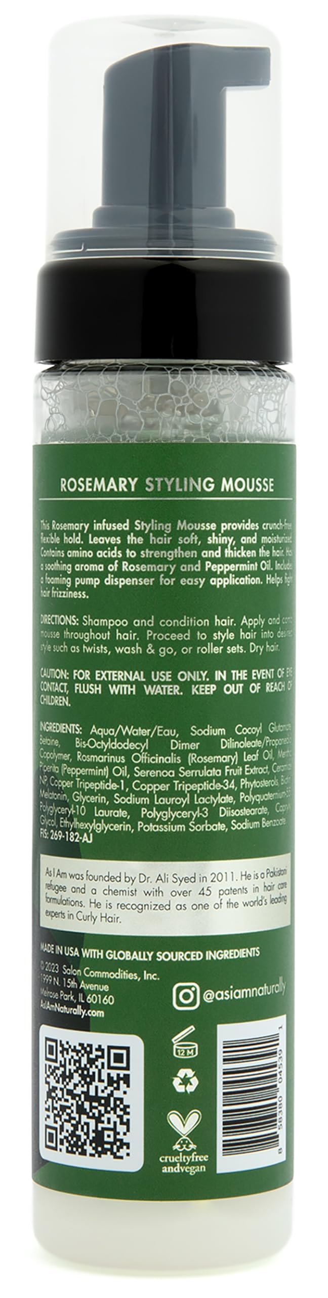 As I Am Rosemary Styling Mousse 8 Fl Oz (237 ml) - with Biotin & Saw Palmetto