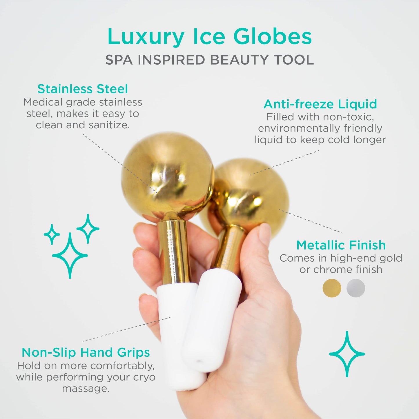 MonétBeauty Gold Stainless Steel Ice Globes – Face & Cryo Massager for Puffiness, Pore Tightening, Sinus Relief & Daily Facial Care