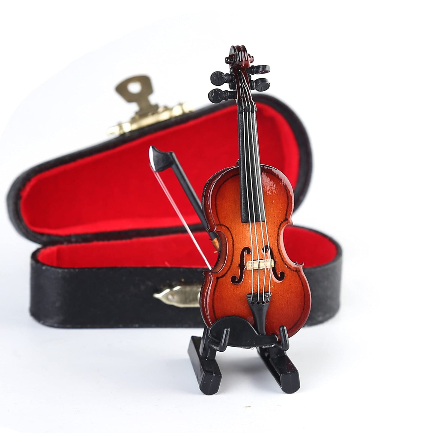 Dselvgvu Mini Wooden Violin with Stand, Bow & Case – Dollhouse Musical Instrument Replica, Collectible Home Decor Ornament 3.15"x1.18"x0.59"