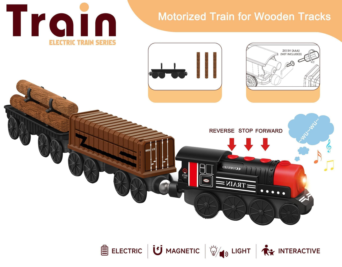Motorized Wooden Train Set, 3 Battery-Powered Trains for Toddlers 3+, Compatible with Thomas, Brio & Chuggington Tracks