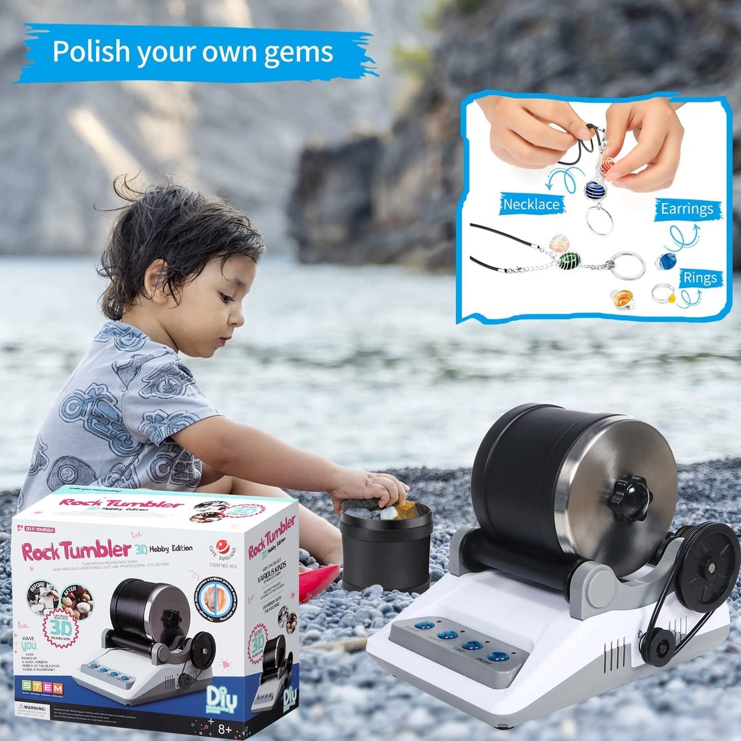 Zcvtbye Rock Tumbler Kit,Rock Polisher for Kids & Adults,Includes 2 Belts,Bag of Rough Stones,4 Coarse Grinding,Finely Ground,Polishing Grits
