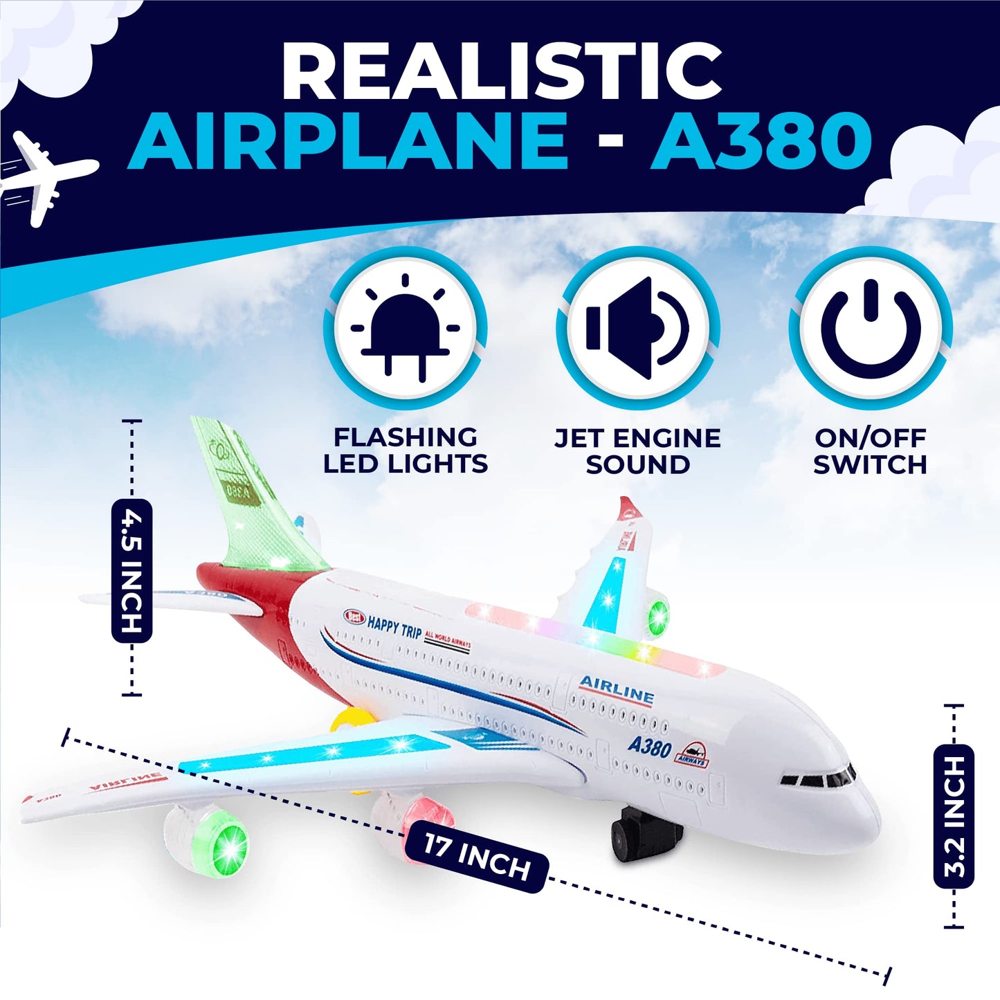 Toysery Airplane Toy for Kids – Bump & Go Action Plane with LED Lights & Sounds, Airbus A380, Toddler Toy for Boys & Girls 3-12 Years