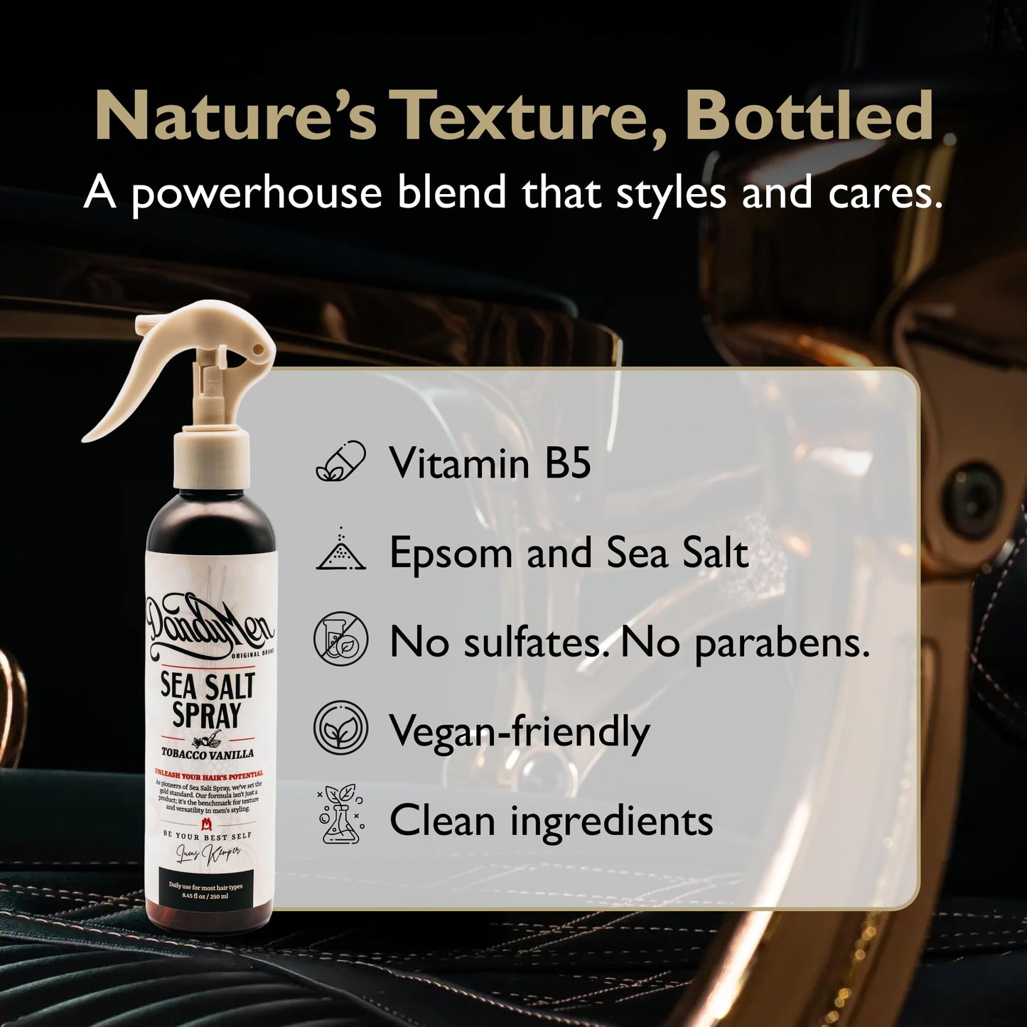 DandyMen Sea Salt Spray – Lightweight Texture, Volume, and Flexible Hold with Epsom Salt & Pro-Vitamin B5 (8.45 oz, Tobacco Vanilla)