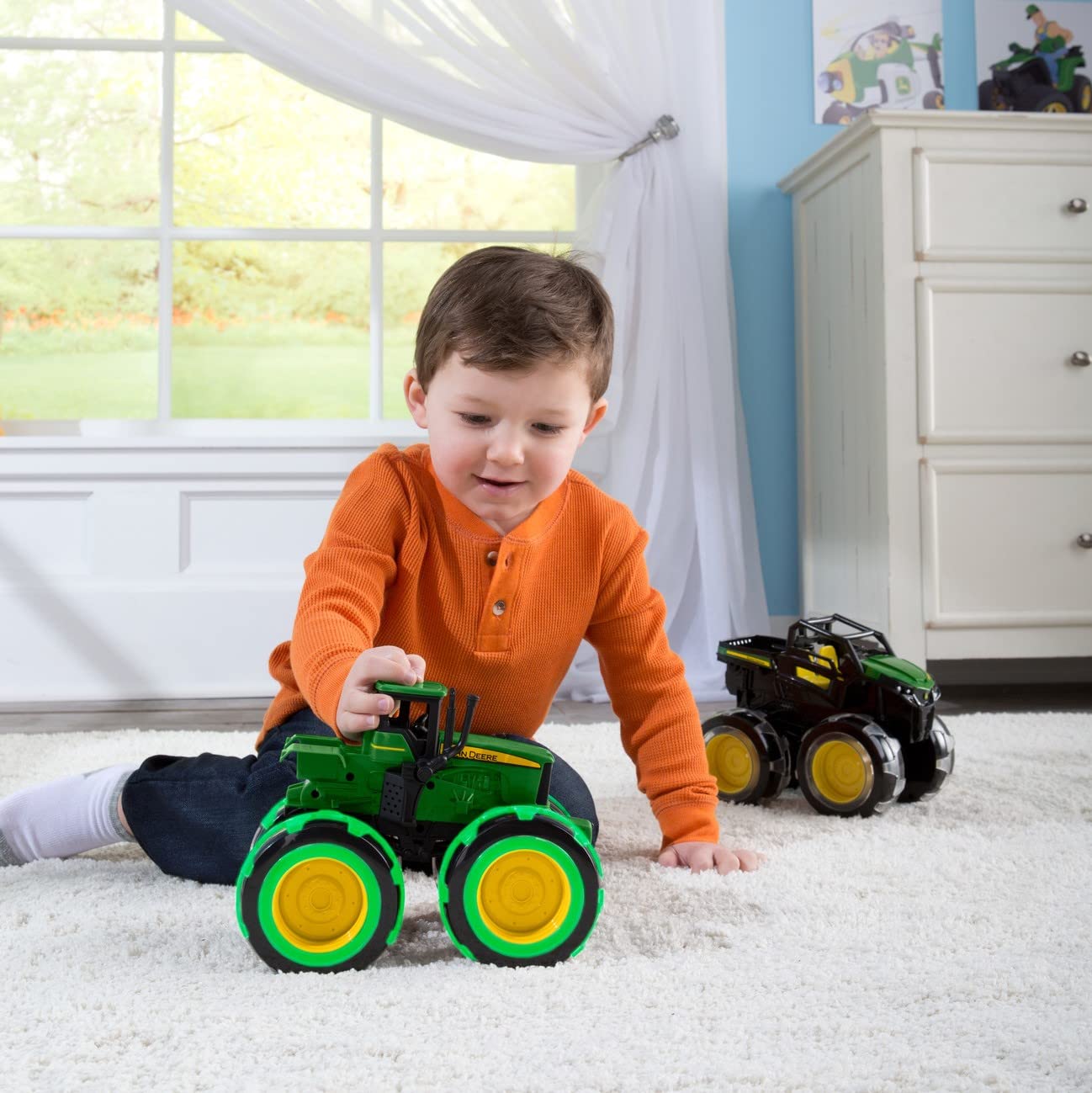 TOMY Monster Treads Lightning Wheels John Deere Tractor - Light-Up Motion Monster Truck Toy with Monster Tires for Ages 3+