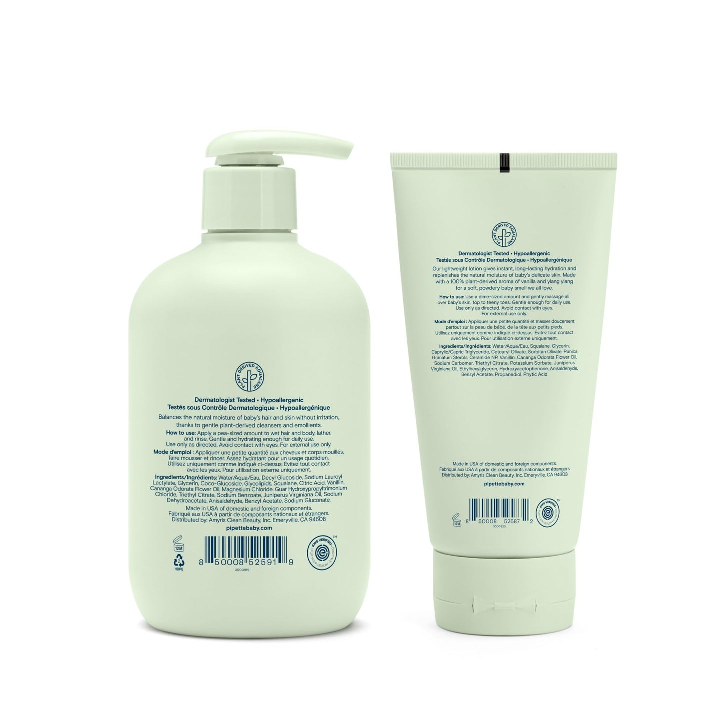 Pipette Vanilla + Ylang Ylang Baby Shampoo & Lotion Duo | Tear-Free, Hypoallergenic, Sulfate & Paraben-Free, Safe for Sensitive Skin (2 Pack)