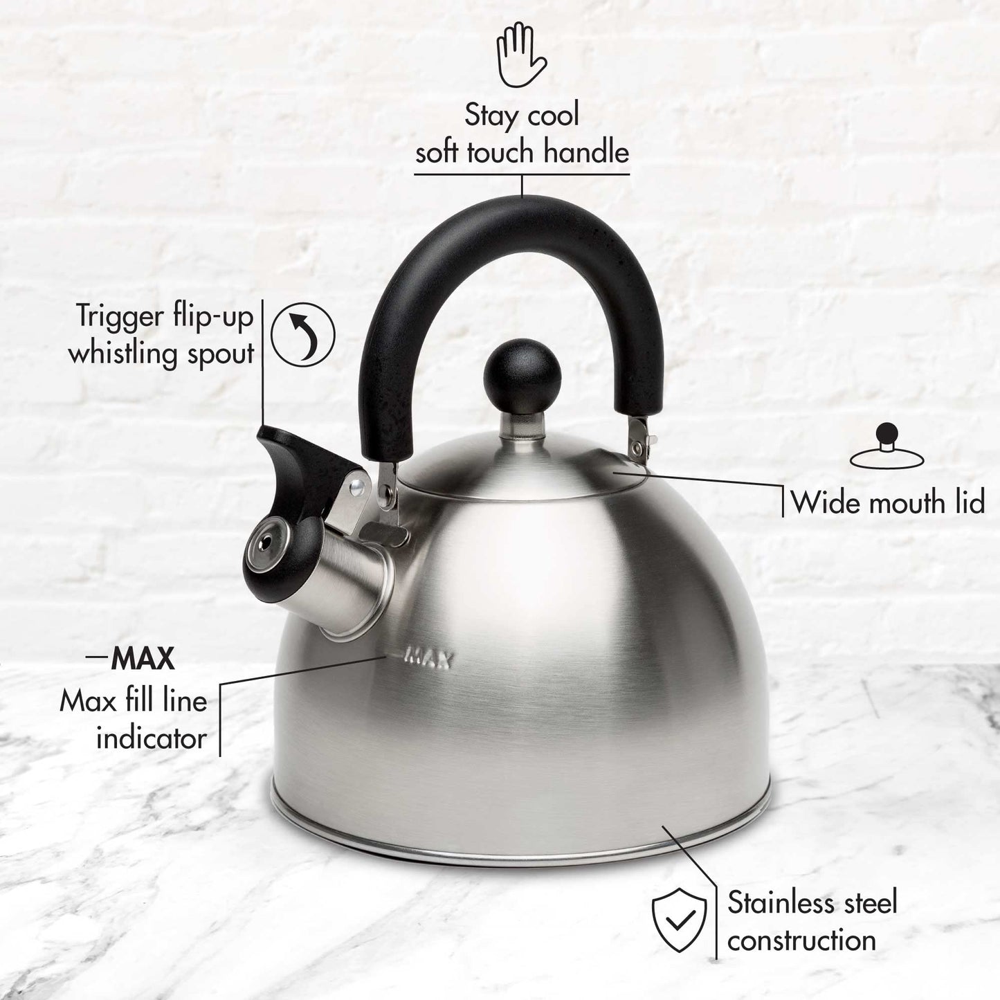 Primula Stewart 1.5-Qt Whistling Tea Kettle – Food-Grade Stainless Steel, Fast Boil, Cool-Touch Folding Handle, Brushed Finish with Black Handle