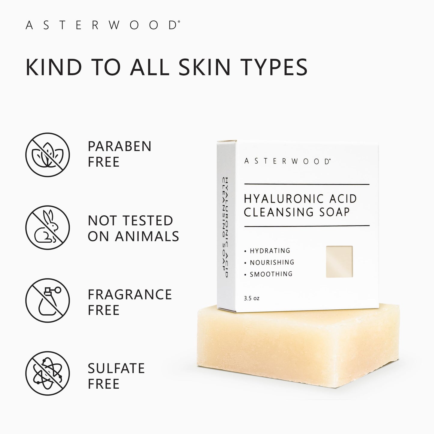 Asterwood Hyaluronic Acid Face Soap - Hydrating, Collagen-Boosting, Plumping & Soothing, Fragrance-Free, Sensitive Skin Friendly, 3.5 oz