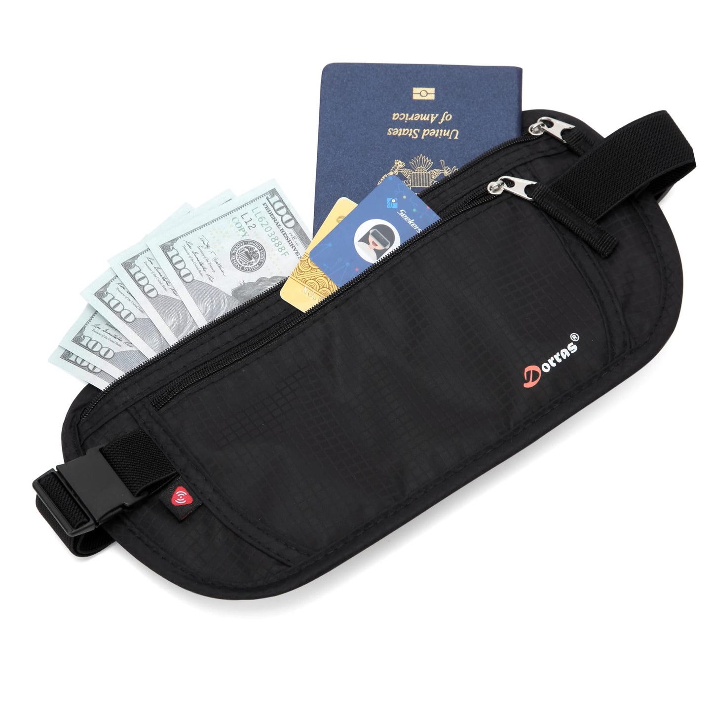 Money Belt - Passport Holder Security Hidden Slim Travel Wallet Fanny Pack with RFID Blocking - Black