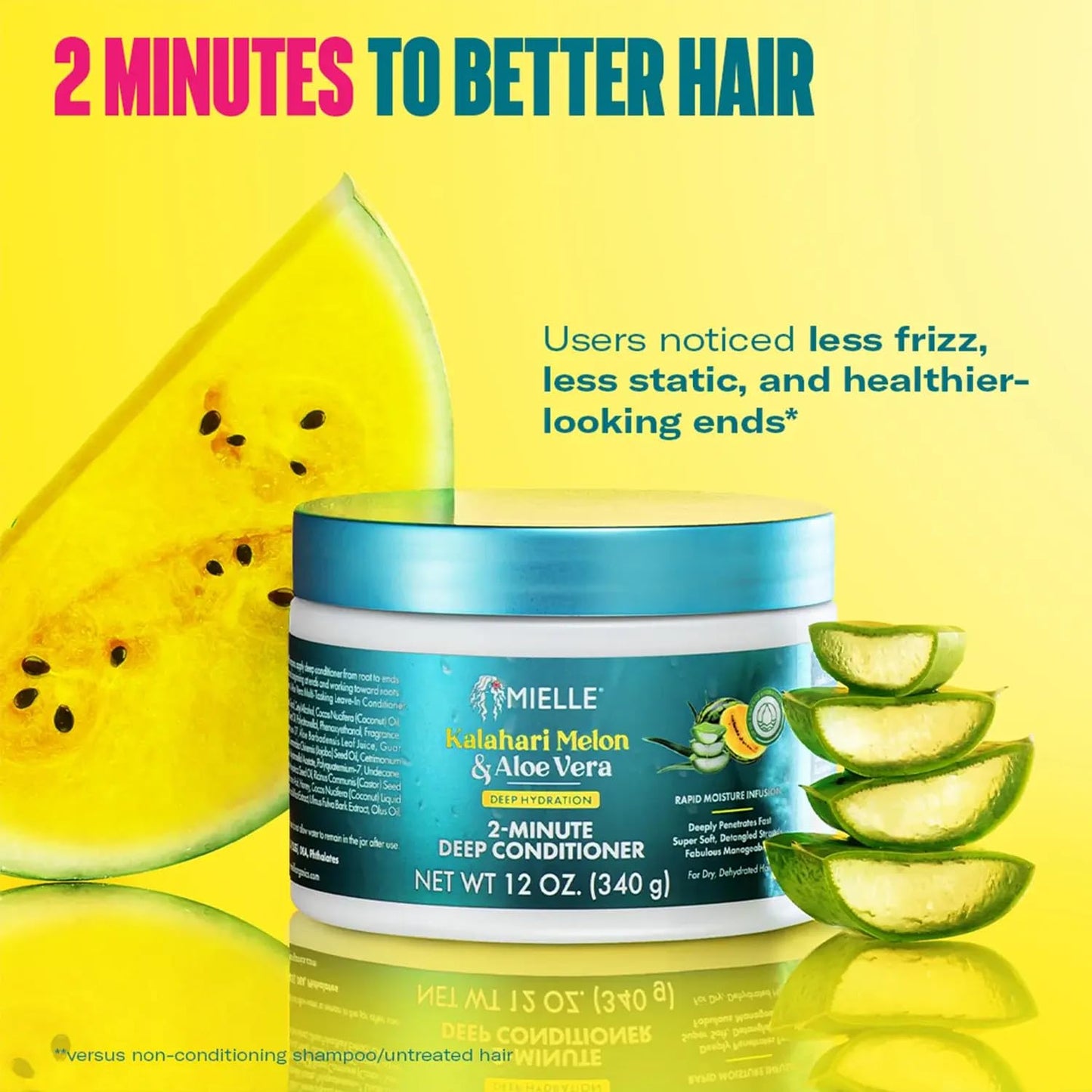 Mielle 2-Minute Deep Conditioner with Kalahari Melon & Aloe Vera – Fast Moisture Boost for Dry, Curly & Textured Hair – Softens & Detangles, 12 oz
