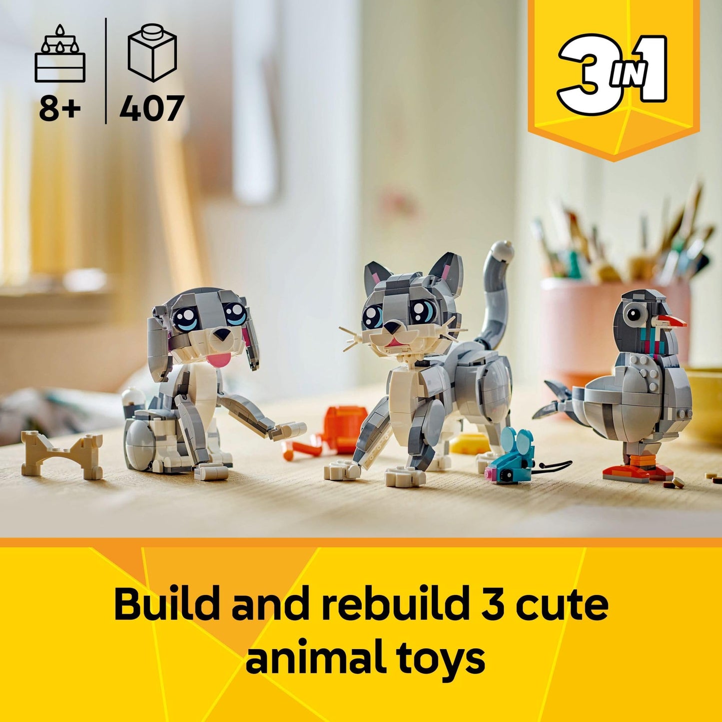 LEGO Creator 3-in-1 Playful Cat Toy, Build Cat, Dog, or Pigeon – Animal Figures for Kids 8+, Birthday Gift, Set 31163