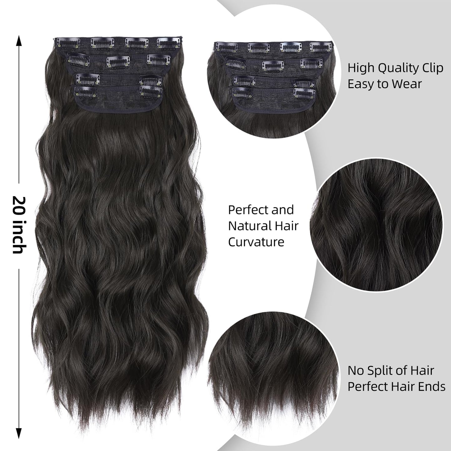 Black Hair Extensions, 20 Inches Soft Synthetic Curly Hair Extensions Clip ins (Color: Black)