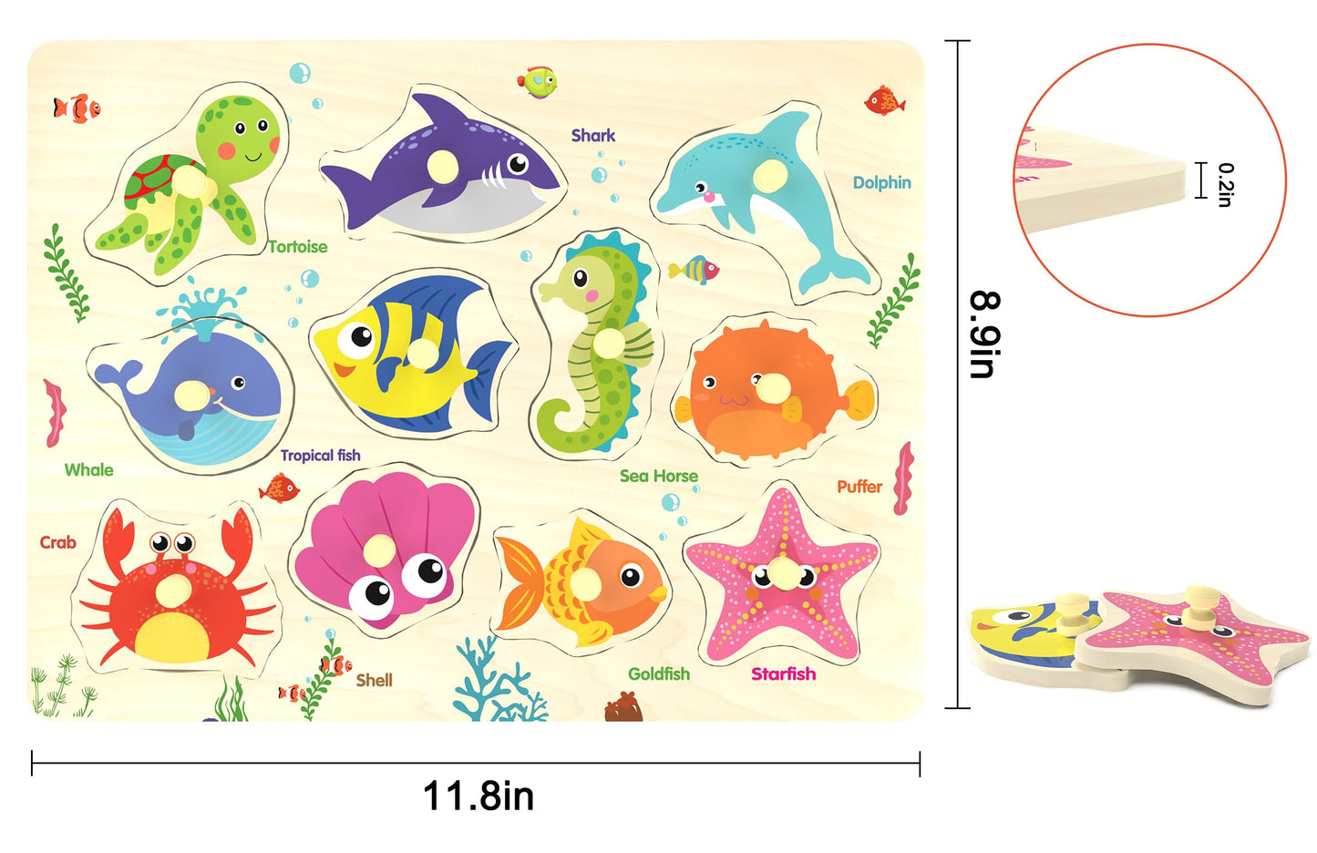 Wooden Peg Puzzle – Sea Creature Chunky Baby Puzzle with 11 Colorful Pieces, Shape & Animal Knob Board for Educational Toddlers 18+ Months