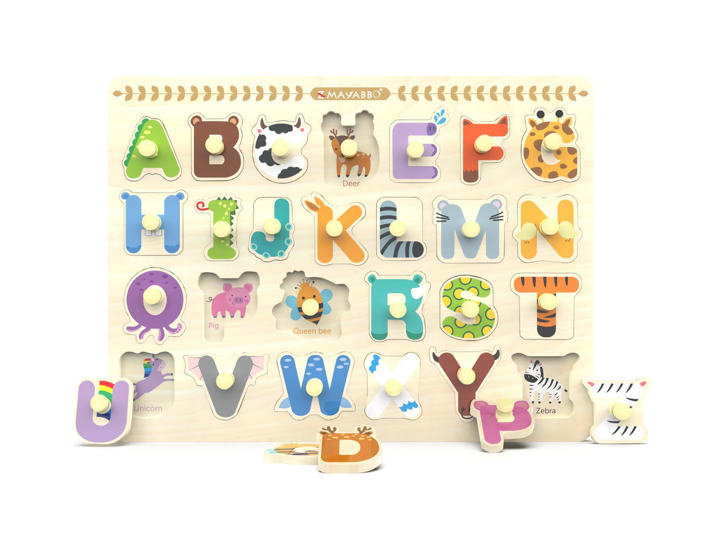 Wooden Alphabet Peg Puzzle for Toddlers – Knob Board, ABC Shape & Learning Toy, Chunky Preschool Puzzle for Boys & Girls Ages 2-4
