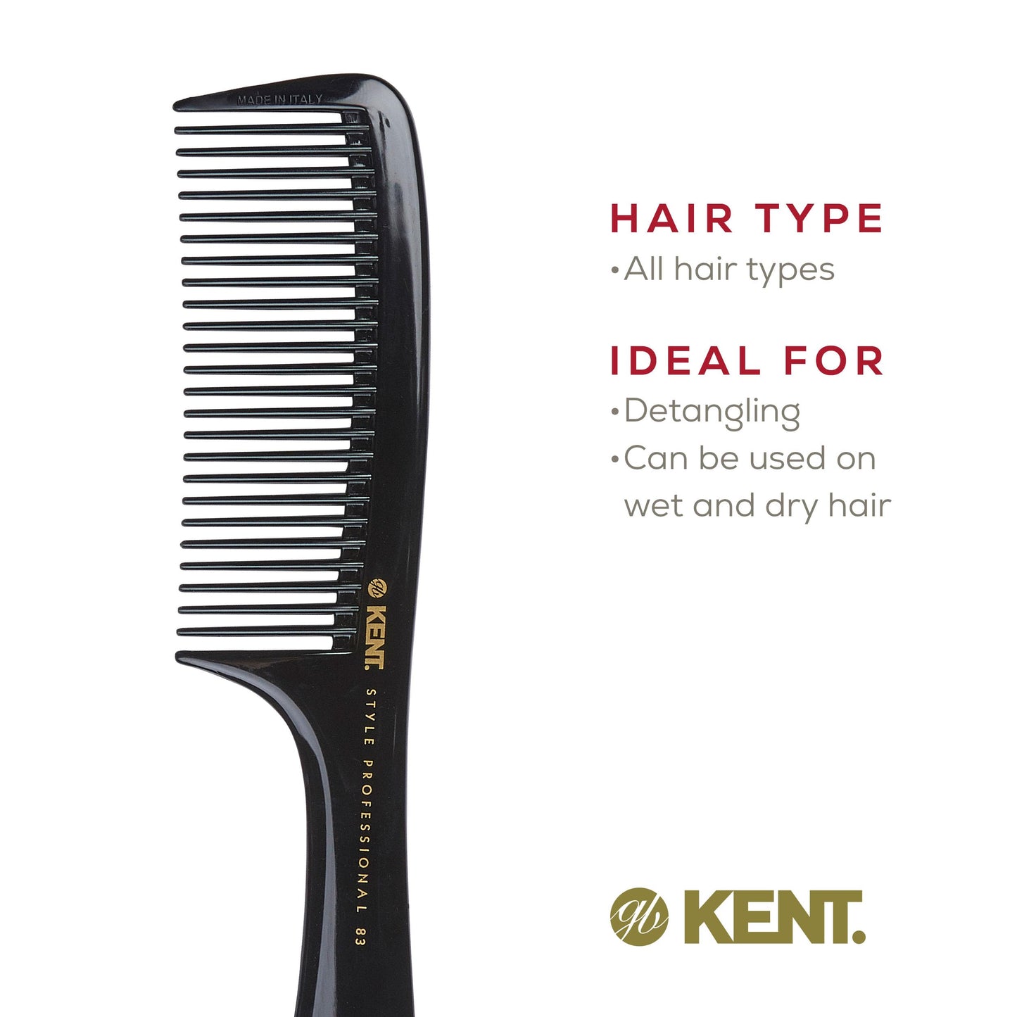 Kent SPC83 Black Salon-Style Barber Comb and Dressing Cutting Detangler with Wide Teeth - Professional Barber Wide Tooth Comb for Styling for Medium and Thick. Ergonomic Grip for Daily Use.