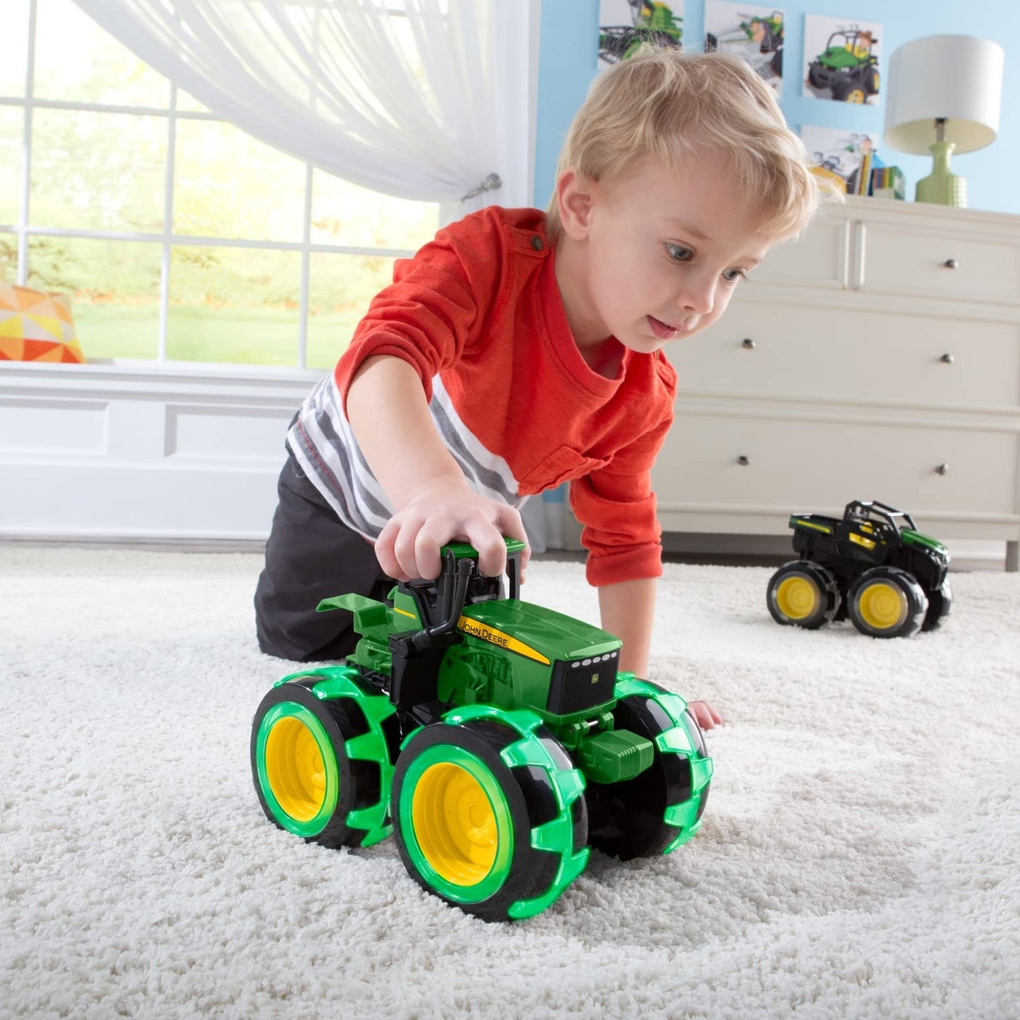 TOMY Monster Treads Lightning Wheels John Deere Tractor - Light-Up Motion Monster Truck Toy with Monster Tires for Ages 3+