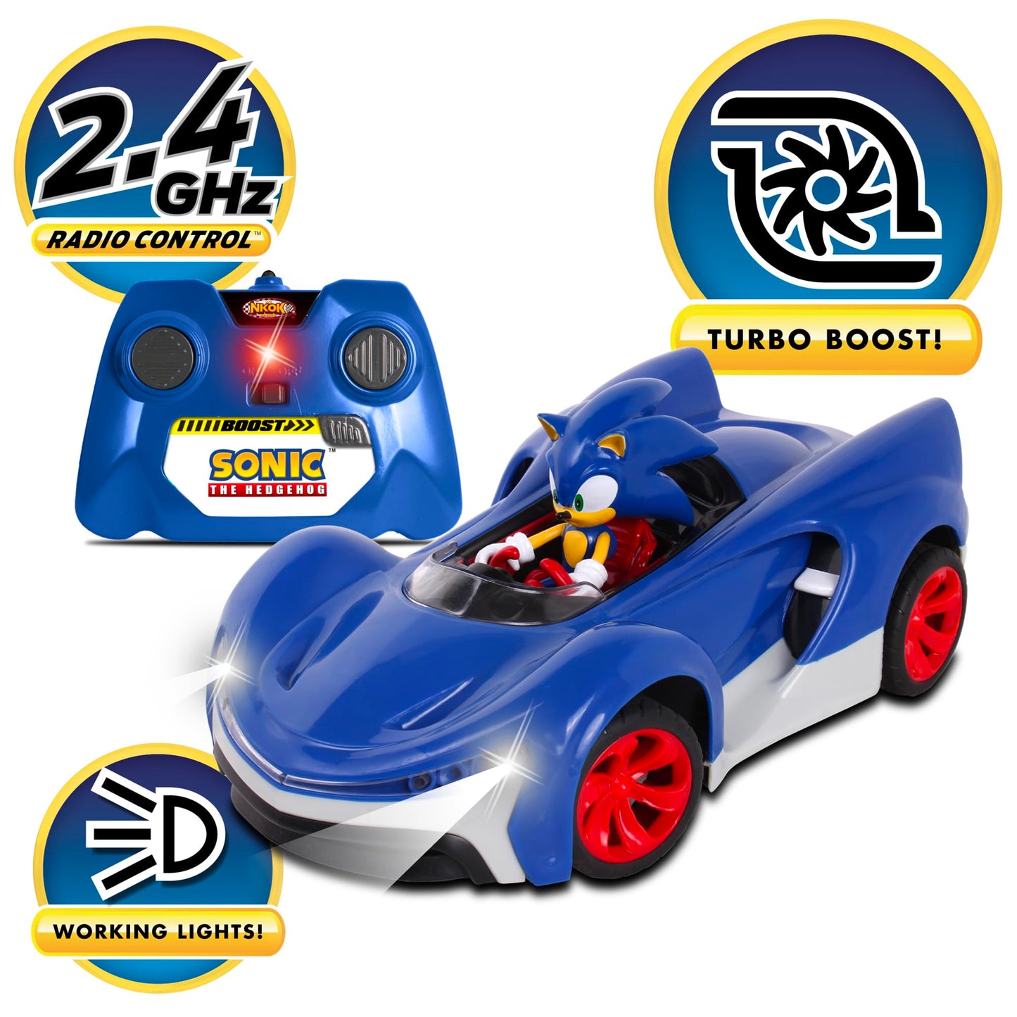 NKOK Team Sonic Racing 2.4GHz RC Car with Turbo Boost, Working Lights, Adjustable Wheels, Fun & Easy, Sonic The Hedgehog 601, Ages 6+