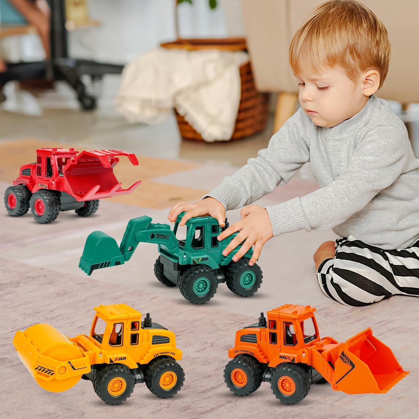 Beestech Friction Powered Construction Truck Toys for Kids Ages 3+, 4-Pack Sand Vehicles Set with Excavator, Bulldozer & Road Roller