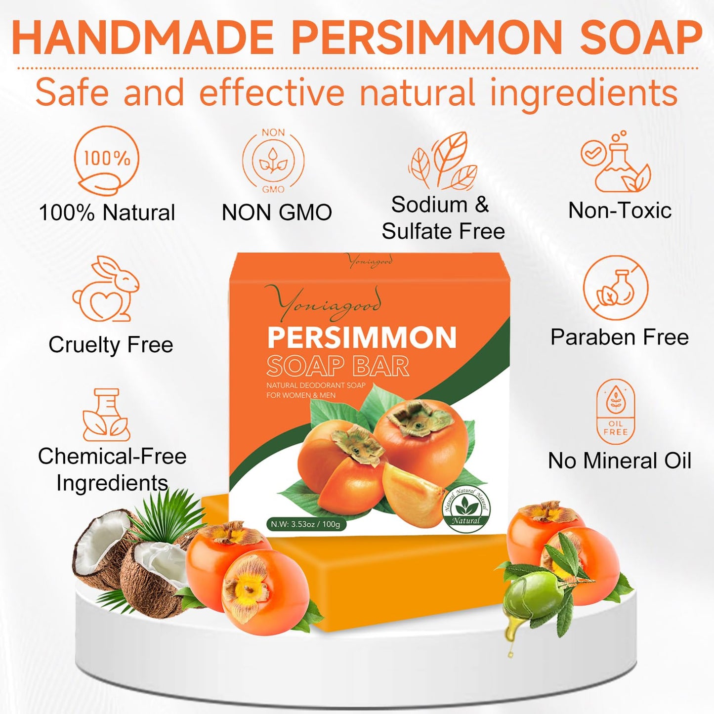 Yoniagood 3-Pack Persimmon Soap Bars โ Natural Deodorant Body Soap for Odor Control, Removes Strong Smell, Organic for Men & Women