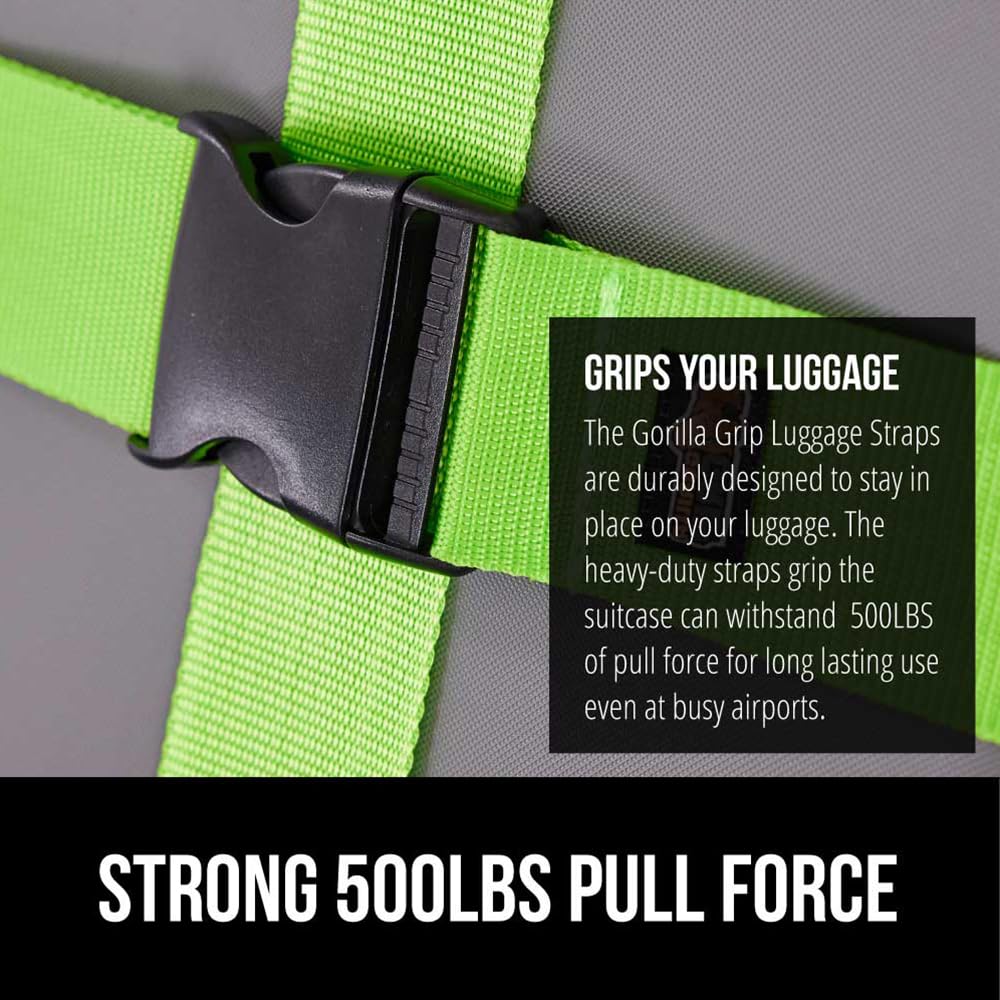 GORILLA GRIP 4-Pack Adjustable Luggage Straps – Heavy Duty Travel Belts, Bag Connectors, Green, Easy ID