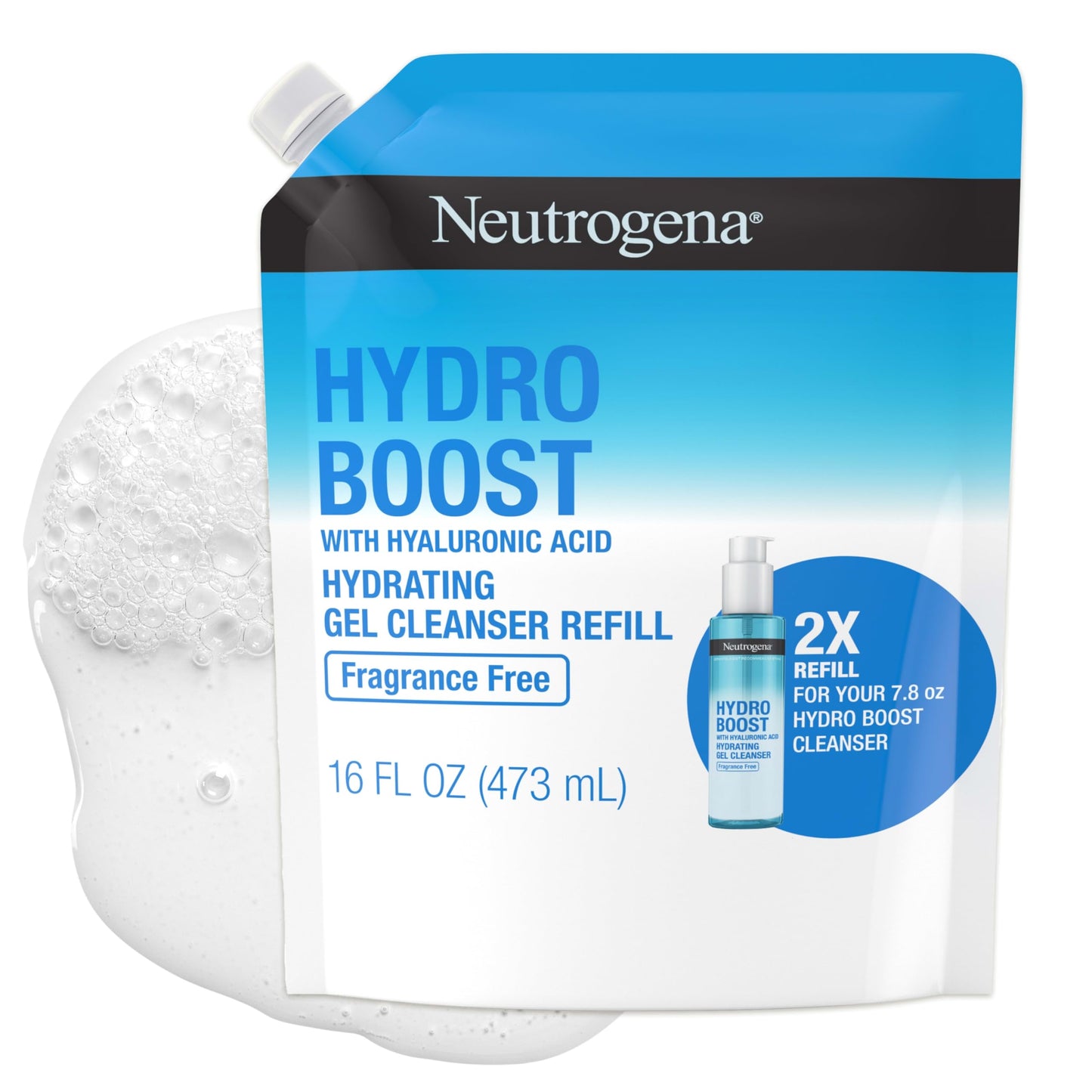 Neutrogena Hydro Boost Fragrance-Free Hydrating Gel Cleanser with Hyaluronic Acid – Daily Foaming Face Wash & Makeup Remover, 16 fl. oz Refill