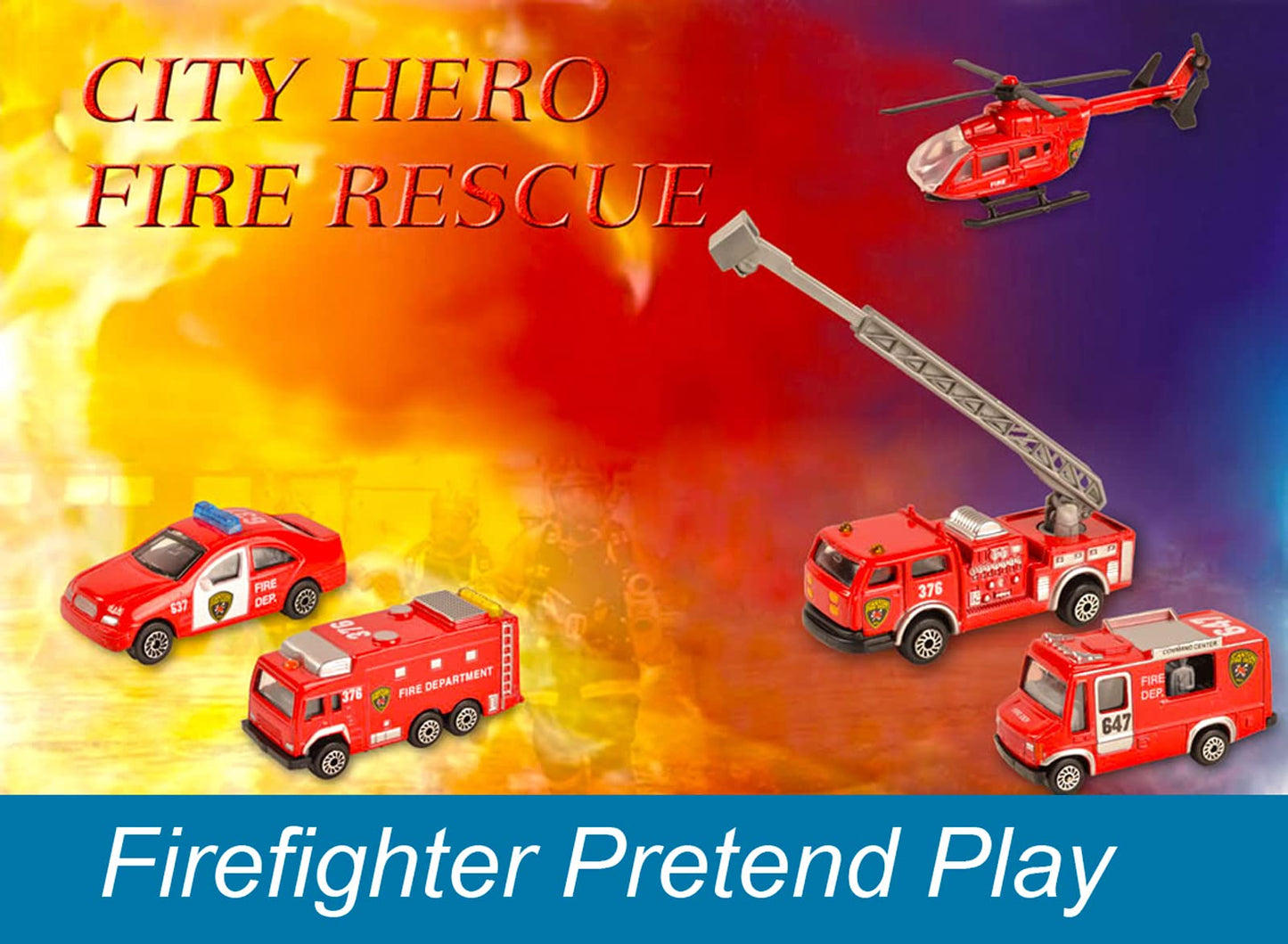 BOHS Fire Department Rescue Vehicles 5-Piece Die-Cast Set: Mini Metal Ladder Truck, Rescue Helicopter, Fire Engine, Patrol Car & Command Center