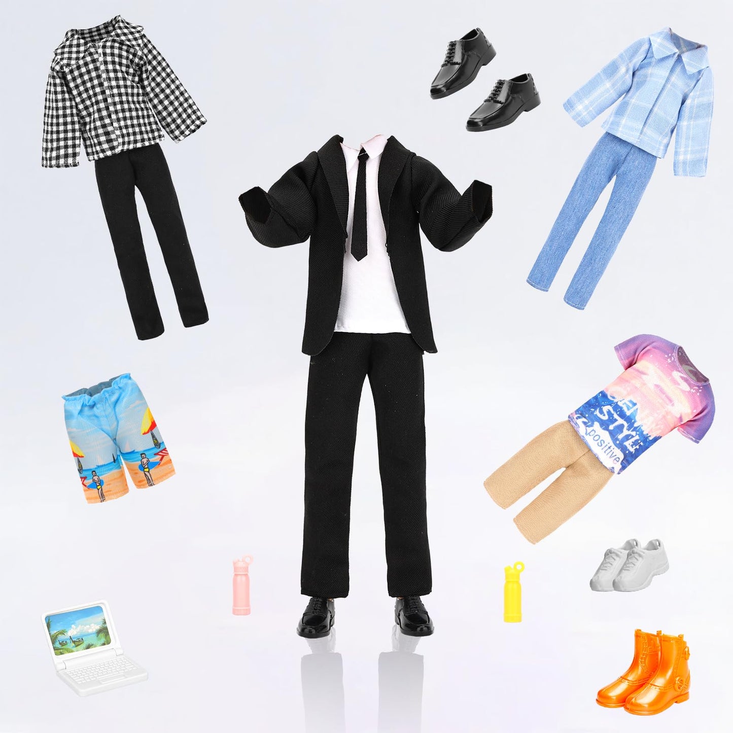 Miunana 16-Piece Doll Clothes & Accessories Set – Classic Black Suit, 4 Casual Outfits, 5 Pants, 3 Shoes, Laptop & Water Bottles