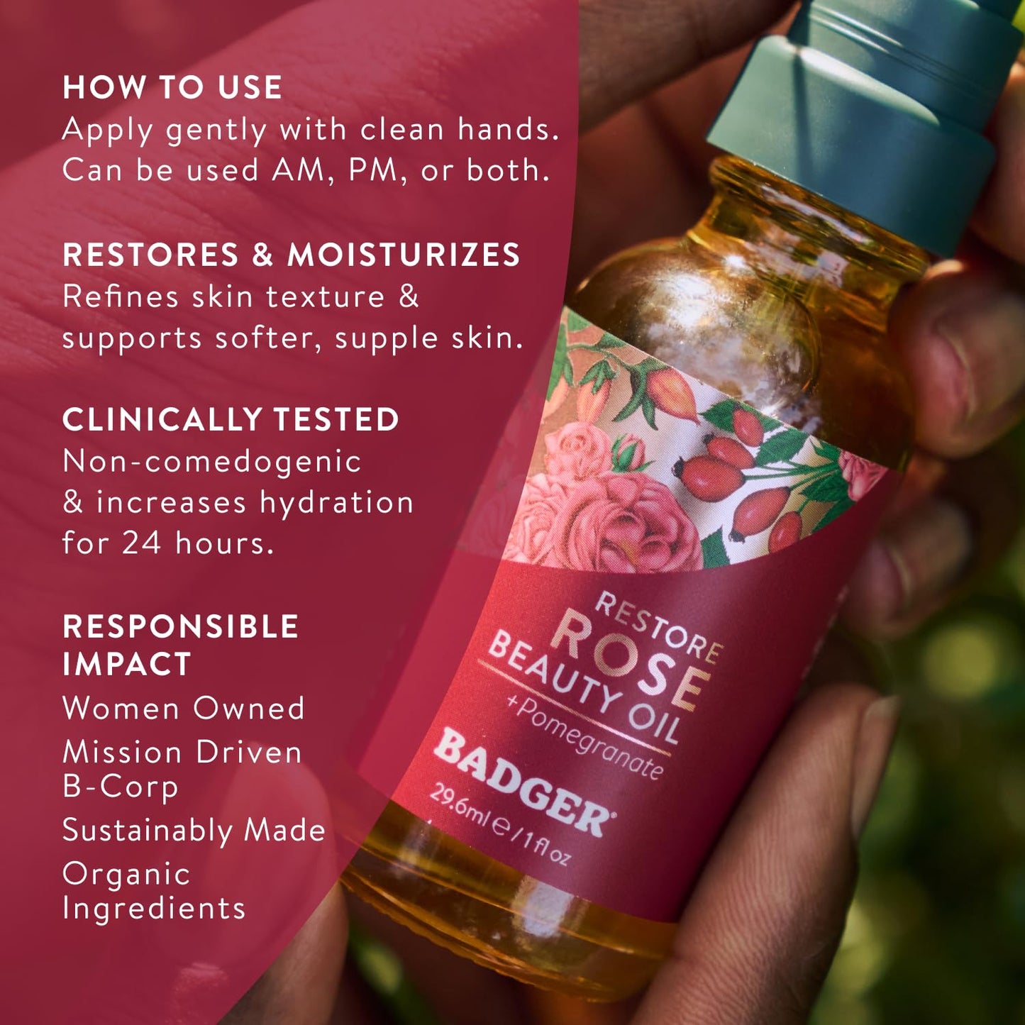 Badger Rose Face Oil - 100% Organic Moisturizer with Jojoba & Rose Oil, Vegan, Antioxidant-Rich, Nourishing & Soothing, 1 fl oz