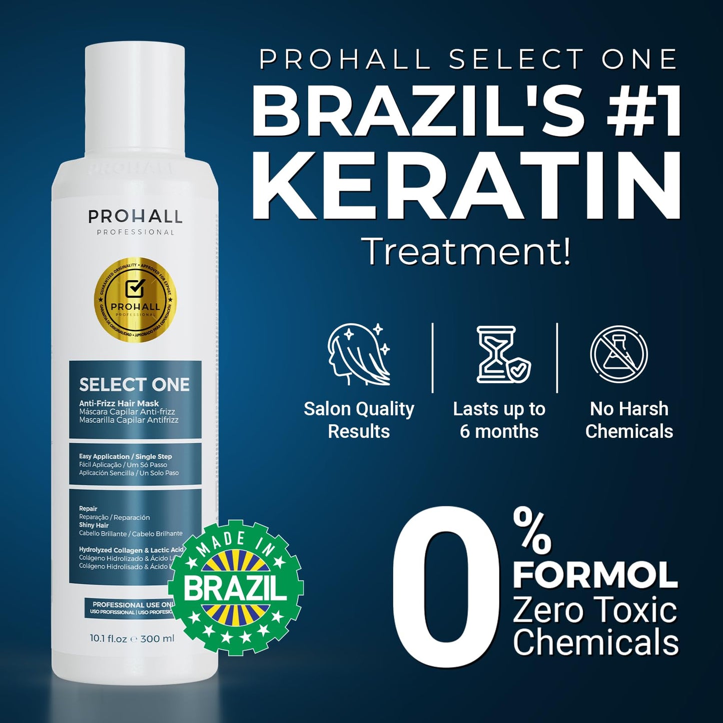 PROHALL Select One Brazilian Keratin Treatment 10.1oz | Formaldehyde-Free Blowout Complex | Smooth, Straighten & Repair Hair at Home
