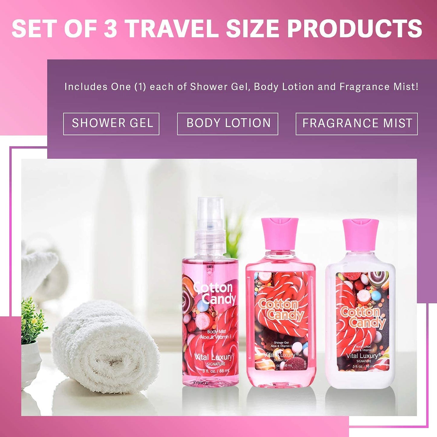 Vital Luxury Cotton Candy Bath & Body Travel Set – Lotion, Shower Gel & Fragrance Mist, Spa Gift for Women, Birthday, Mom & Valentine’s Day