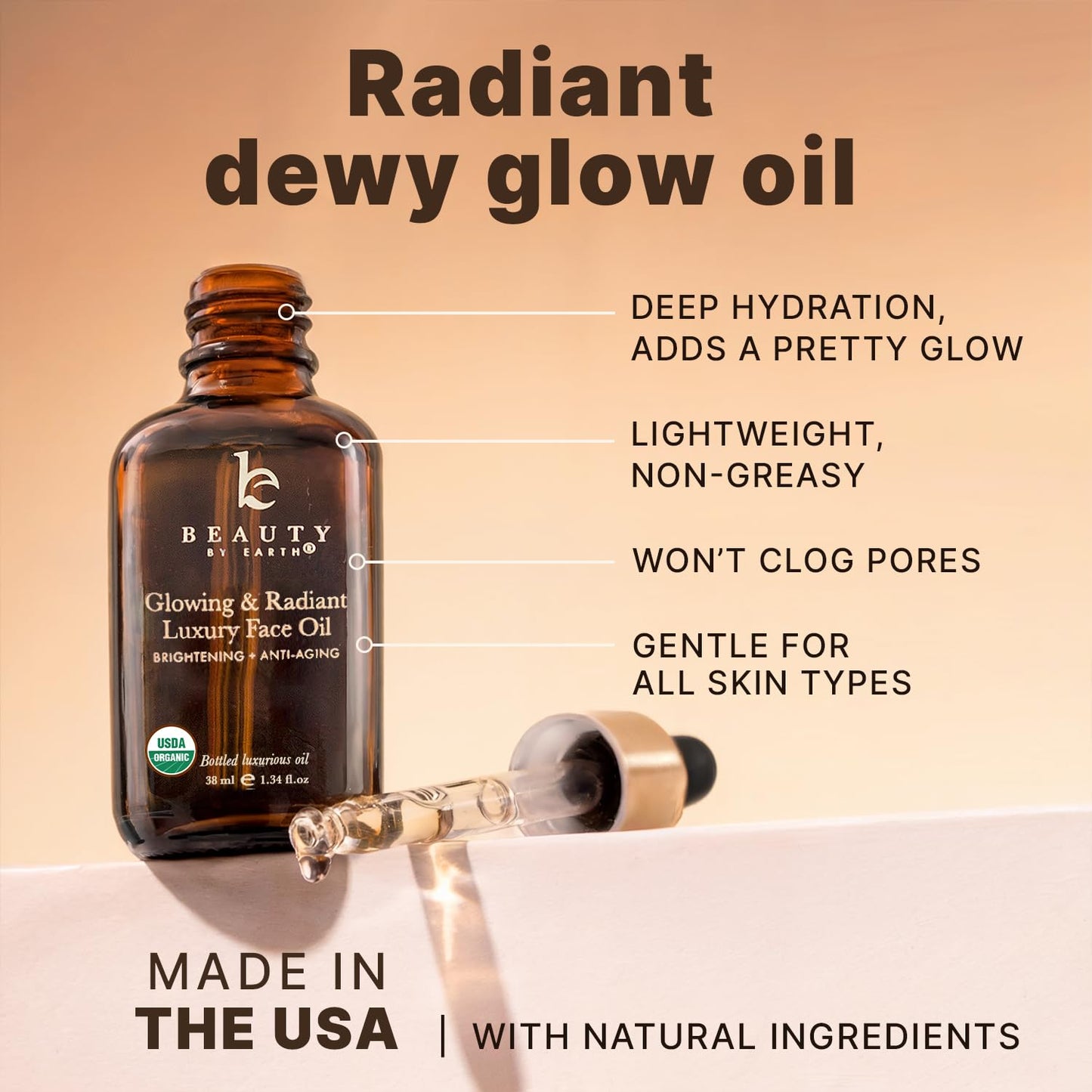 USDA Organic Face Oil – Brightening & Smoothing Lightweight Facial Oil for Dry/Sensitive Skin with Moringa, Jojoba & Argan, USA Made