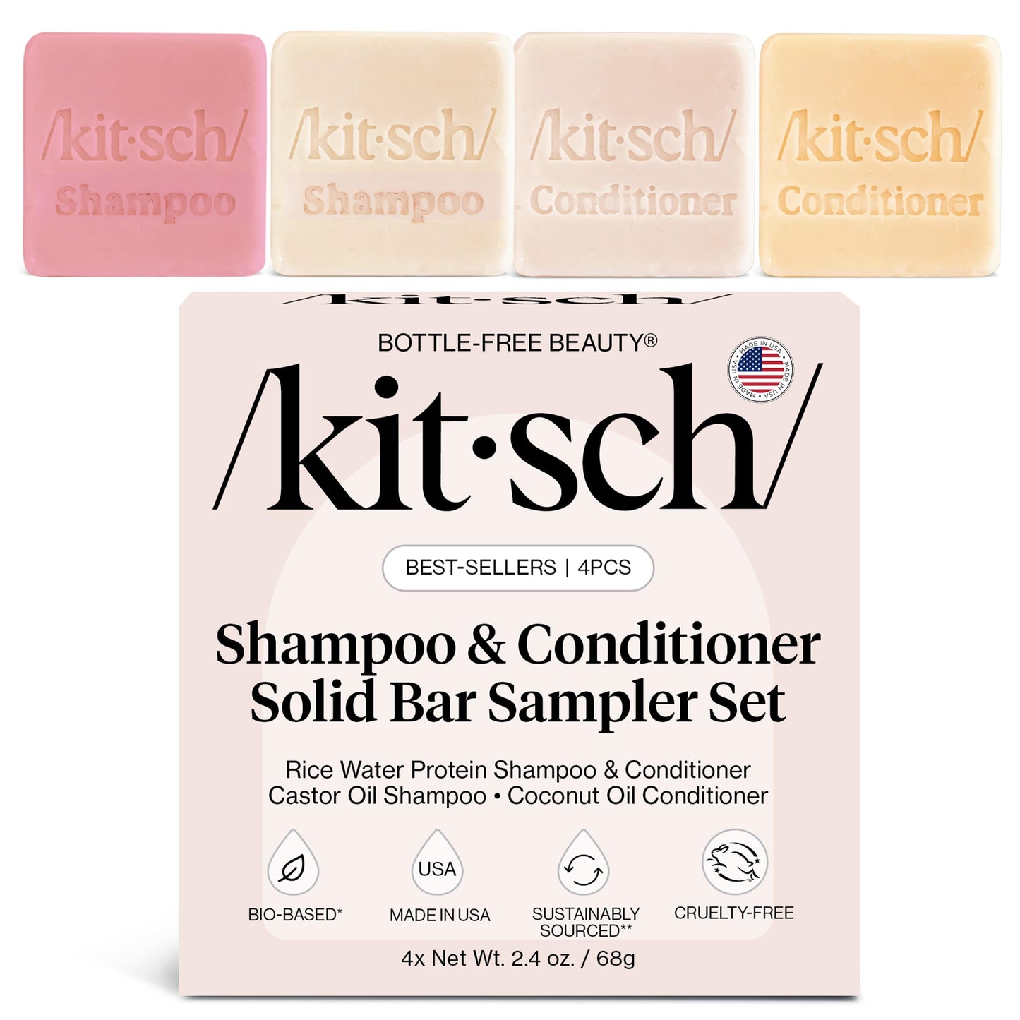 Kitsch Shampoo & Conditioner Bar Set – 4pc Sampler with Rice Water, Castor Oil & Coconut Oil – Bottle-Free Hair Care for Growth, Repair & Hydration
